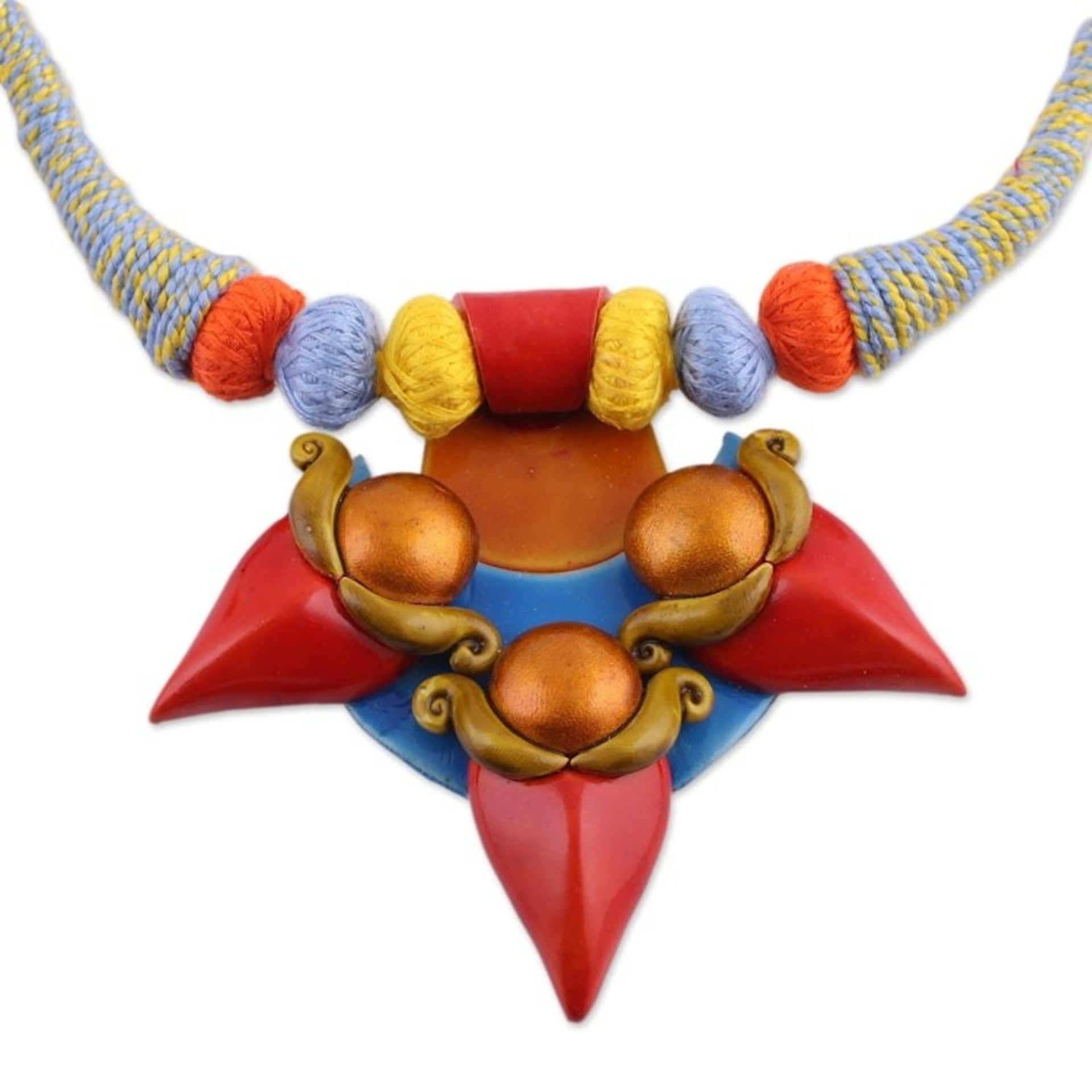 Colorful Ceramic and Cotton Pendant Necklace form India 'Shiva's Trident'