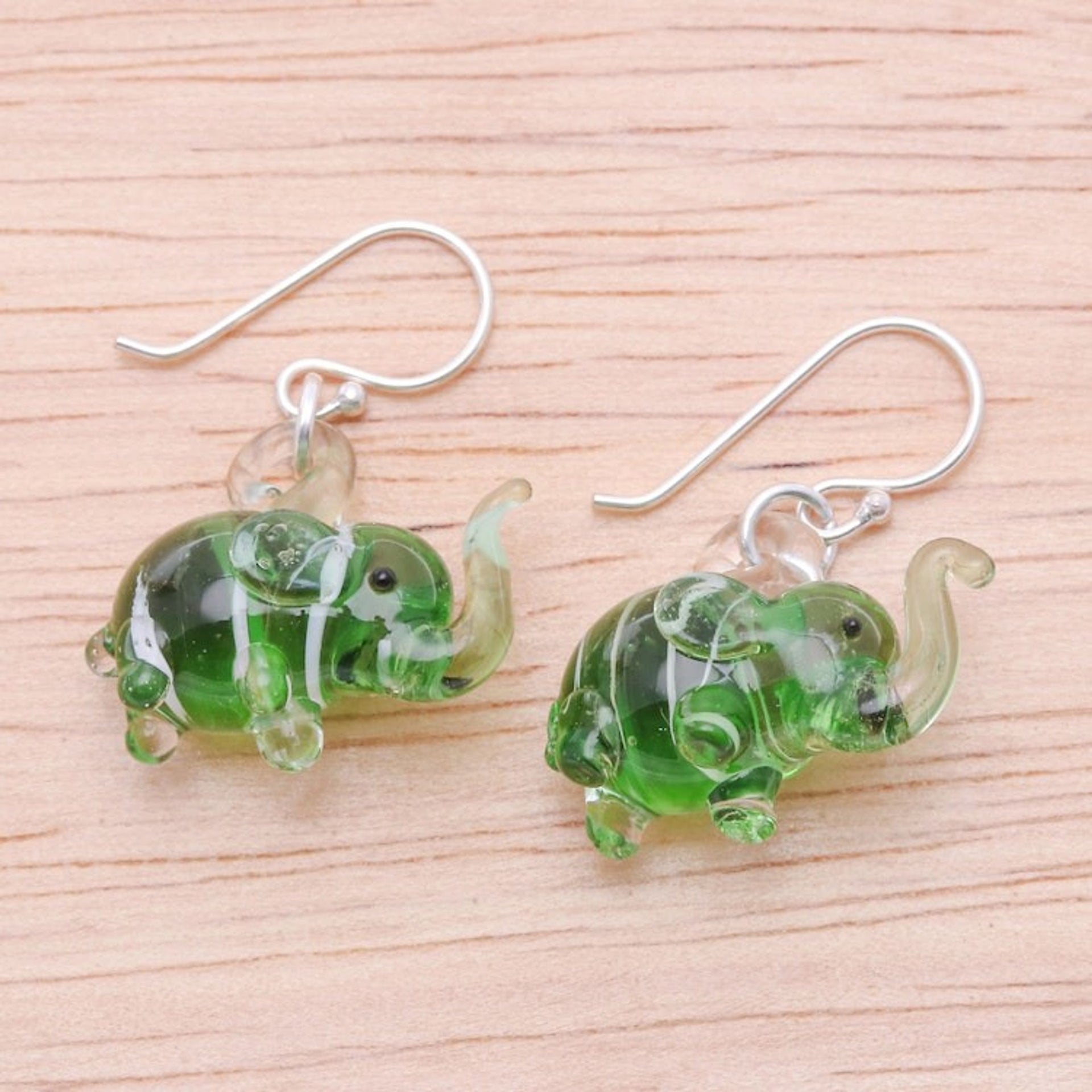 Handblown Striped Green Glass Elephant Dangle Earrings 'Elephant Vitality'