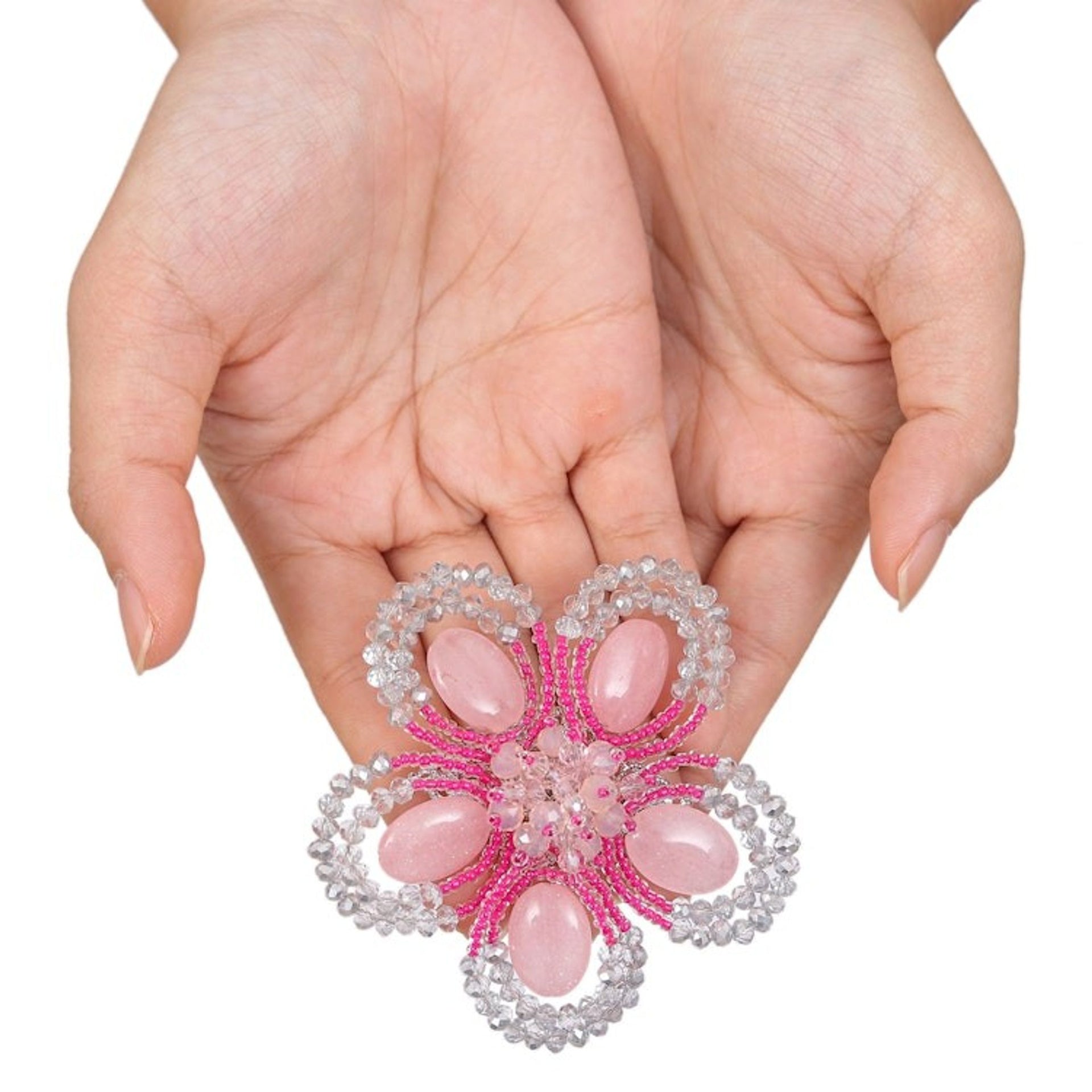 Handcrafted Floral Pink Quartz and Glass Beaded Brooch Pin 'Spring in Tenderness'