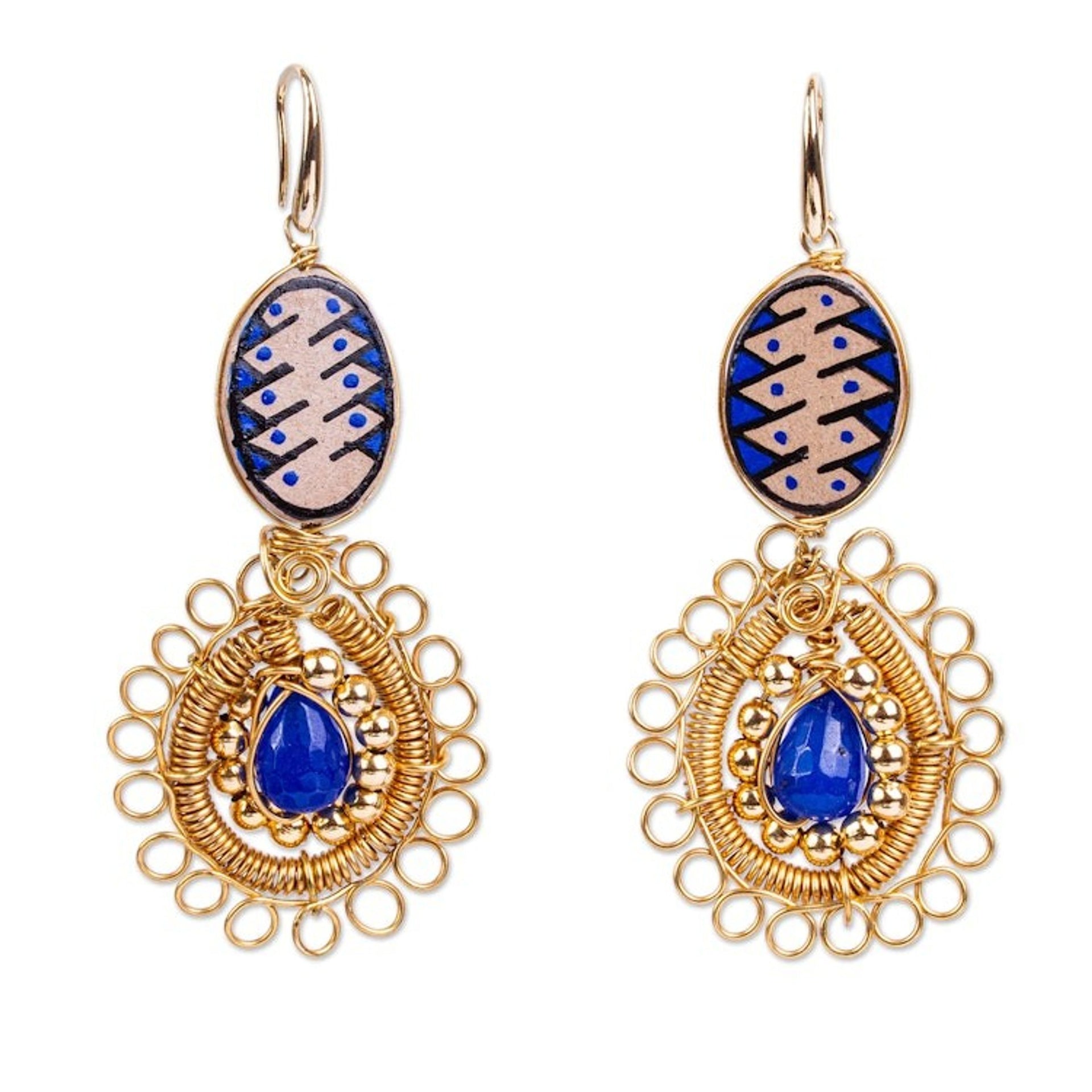 Beaded Gold Plate Dangle Earrings 'Mixed Media in Royal'