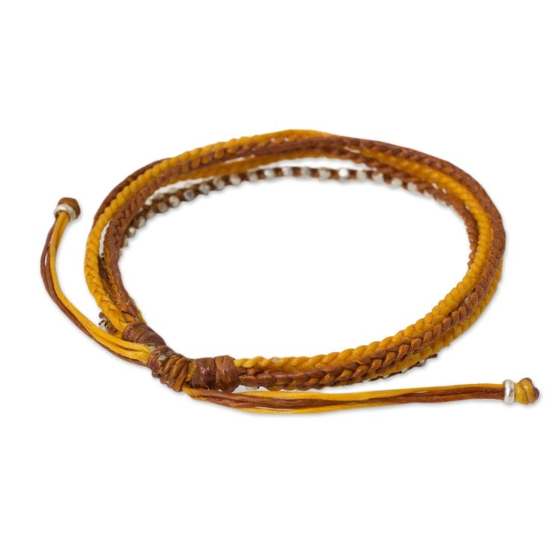 Silver Beads on Hand Braided Wristband Bracelet 'Warm Honey'