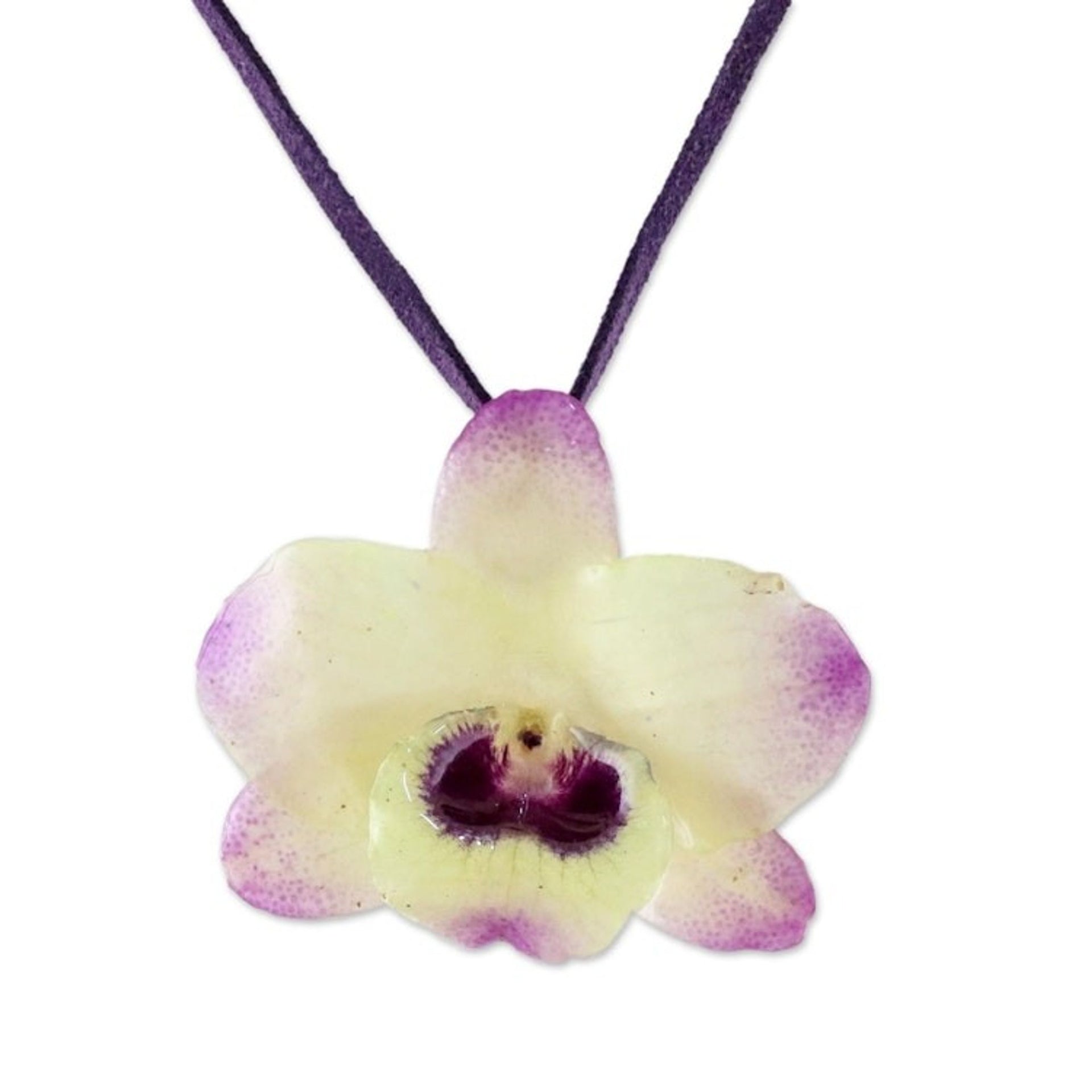 Resin-Coated Pale Yellow and Purple Orchid Pendant Necklace 'Orchid Treasure'