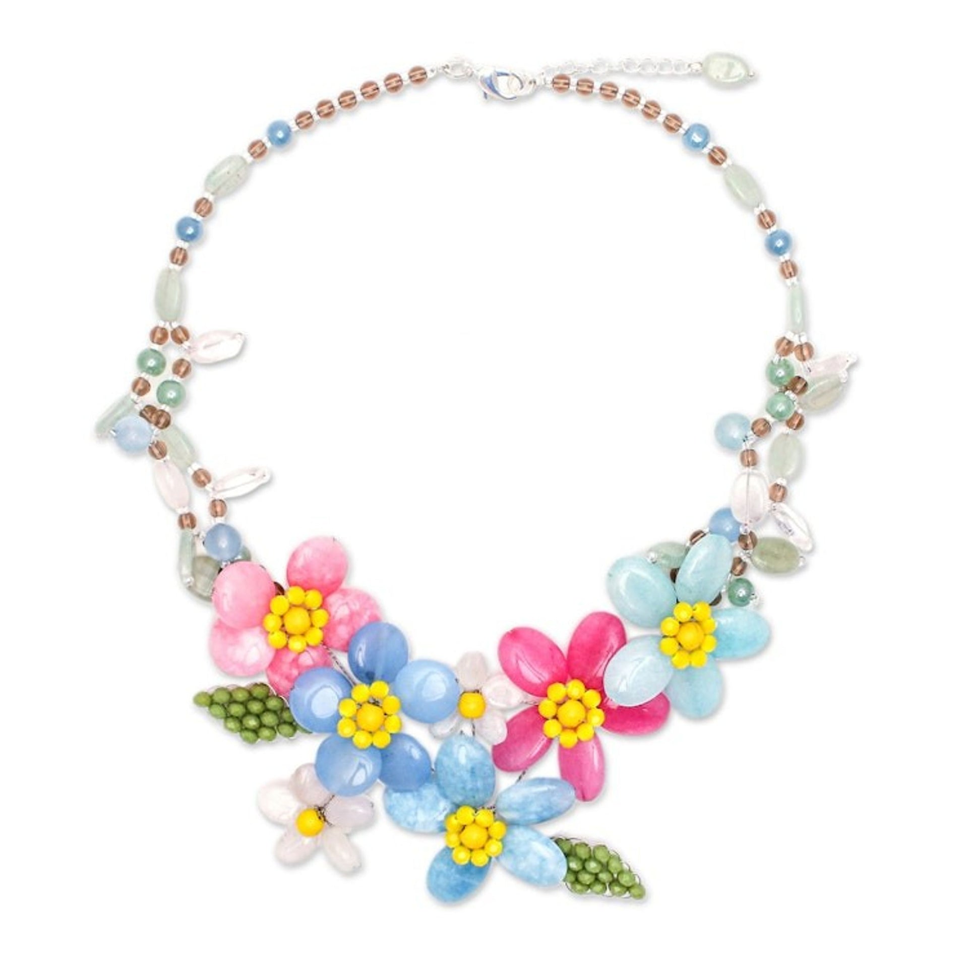 Blue and Pink Spring-Themed Quartz and Glass Beaded Necklace 'Paradisial Petals'