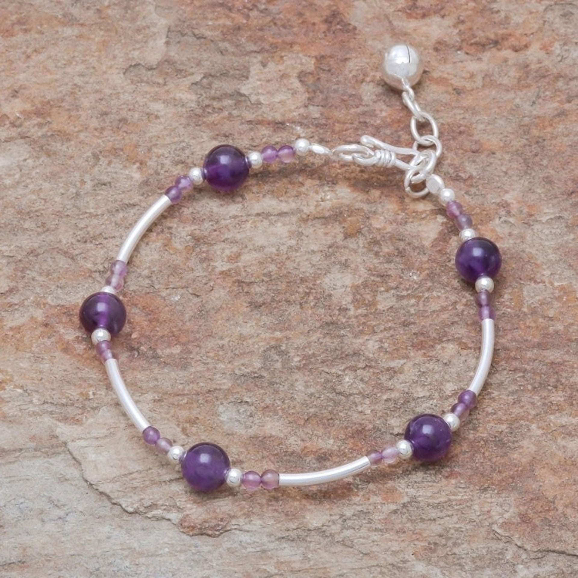 Amethyst Beaded Bracelet with a Bell Charm from Thailan 'Violet Sound'