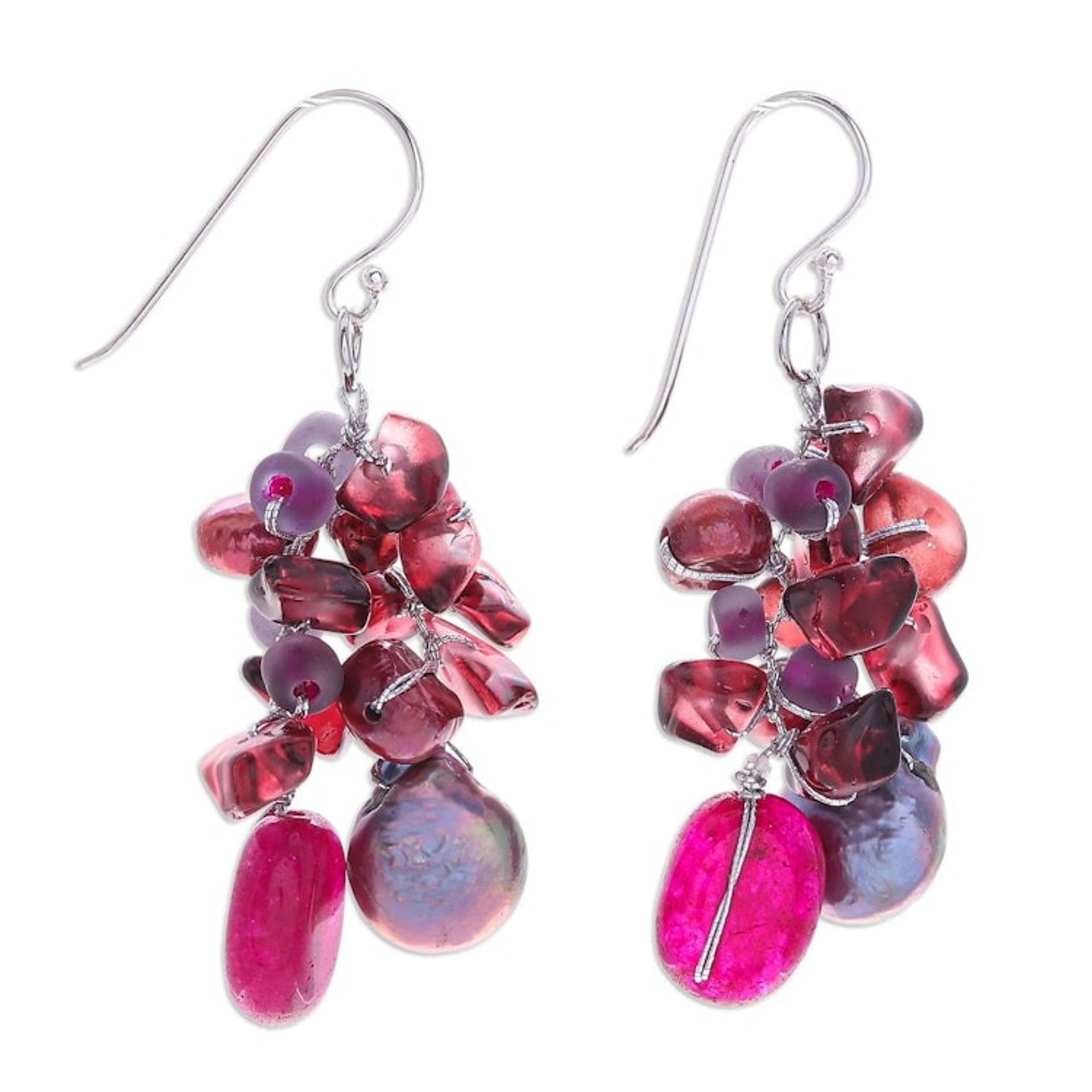 Hand Crafted Cultured Pearl and Garnet Dangle Earrings 'Sugar Berry'
