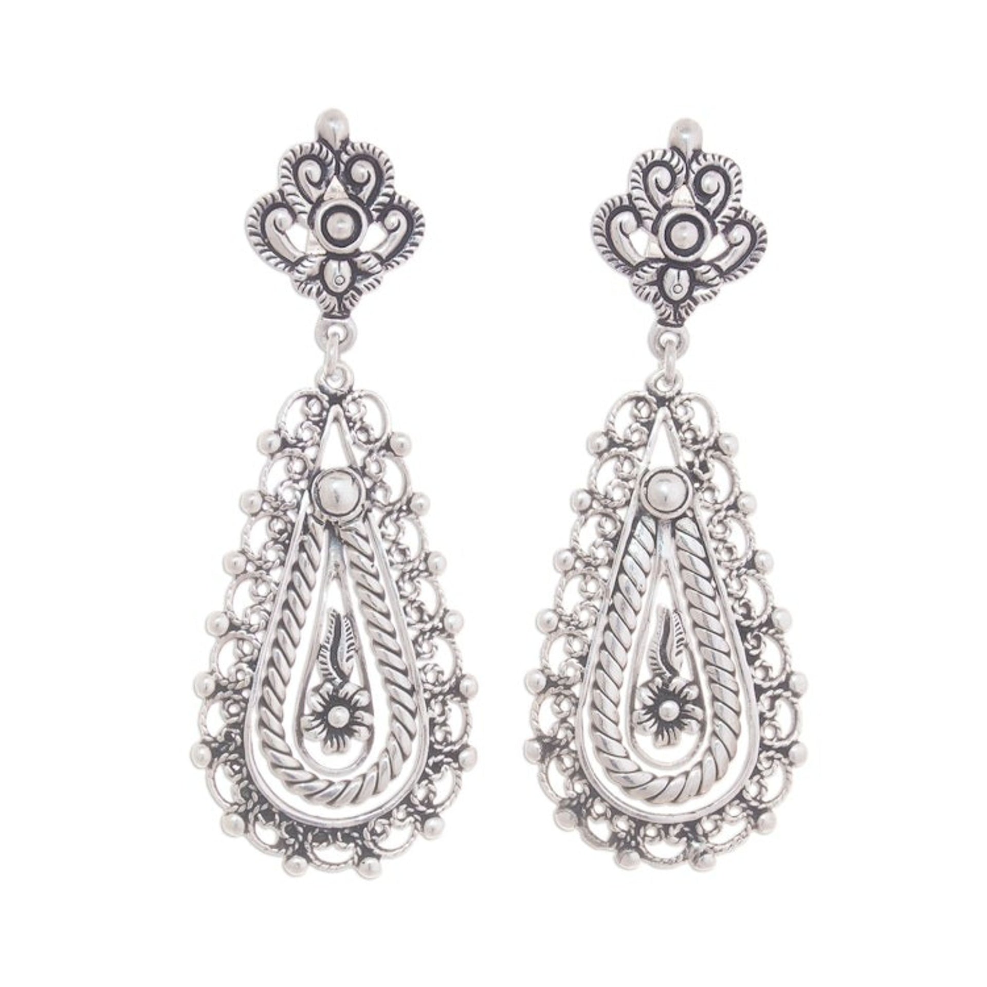 Artisan Crafted Silver Filigree Dangle Earrings from Peru 'Magnificent Design'