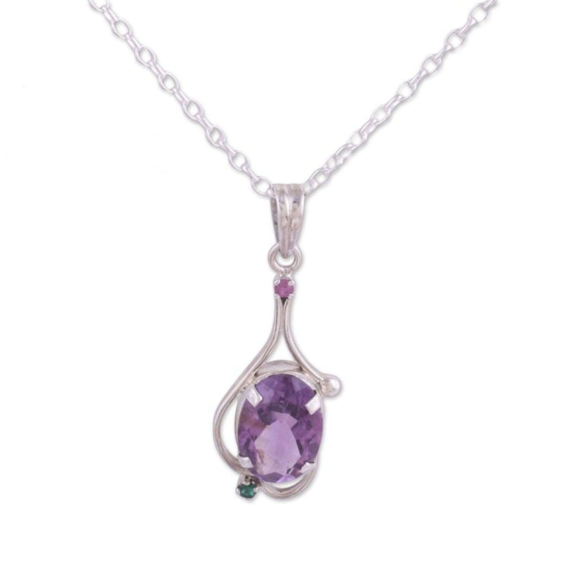 Amethyst Ruby and Emerald Pendant Necklace from India 'Alluring Glisten'