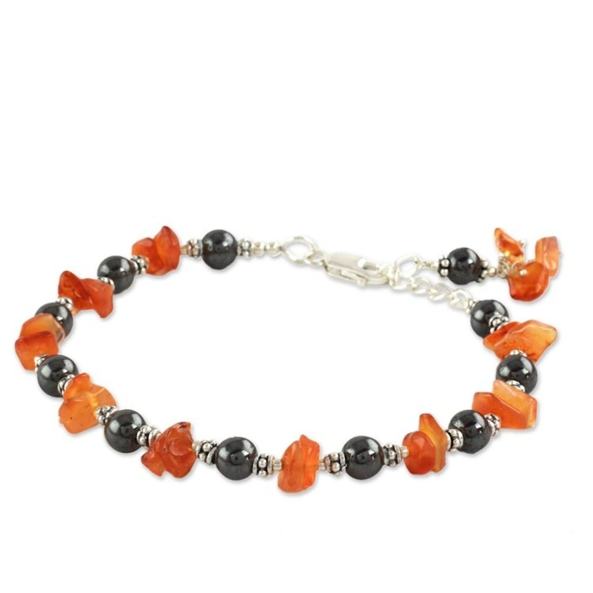 Artisan Crafted Silver Hematite and Carnelian Bracelet 'Night Fire'