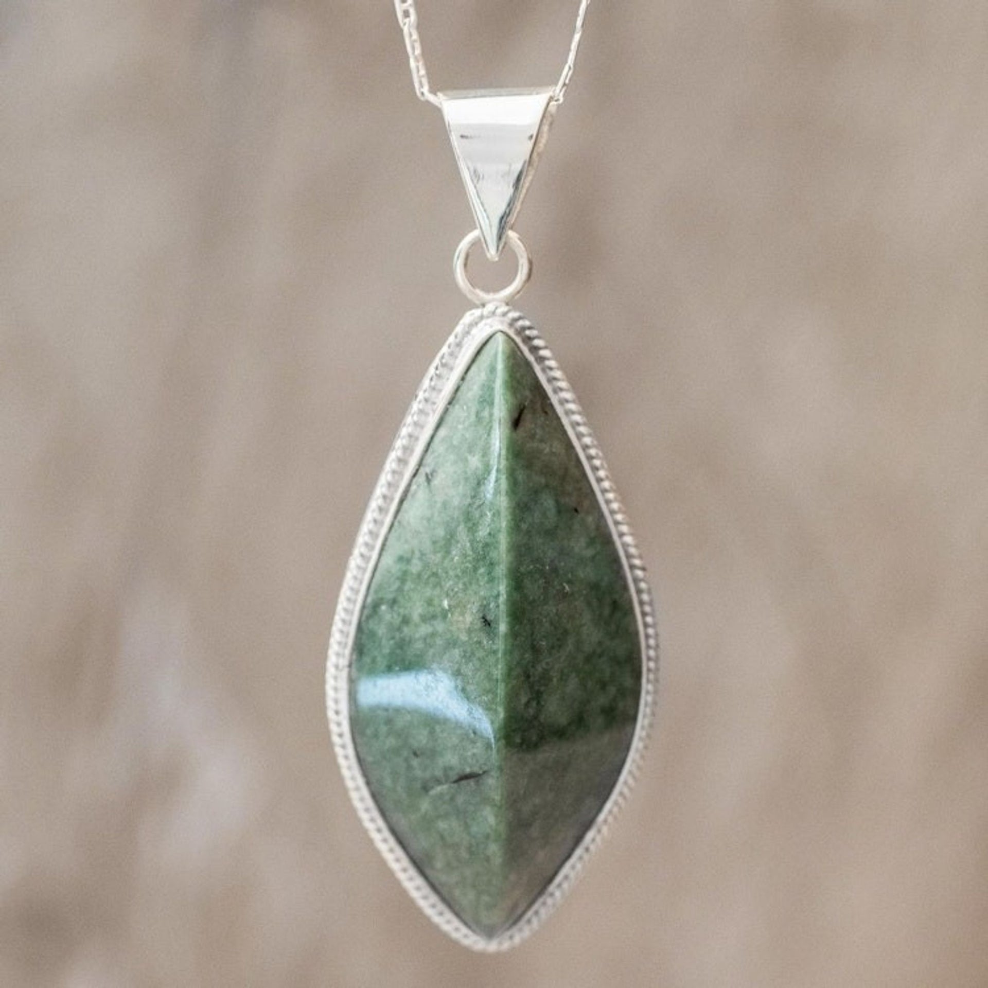 Green Jade and Sterling Silver Pendant Necklace 'Refined Ridge'