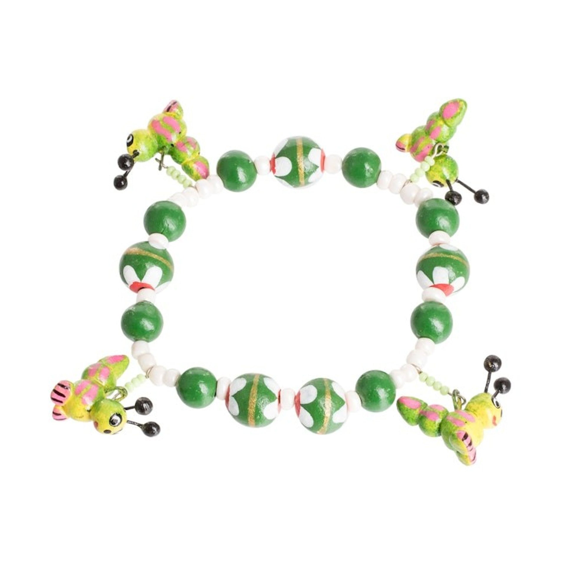 Handcrafted Ceramic Beaded Stretch Bracelet in Green 'Merry Caterpillars'