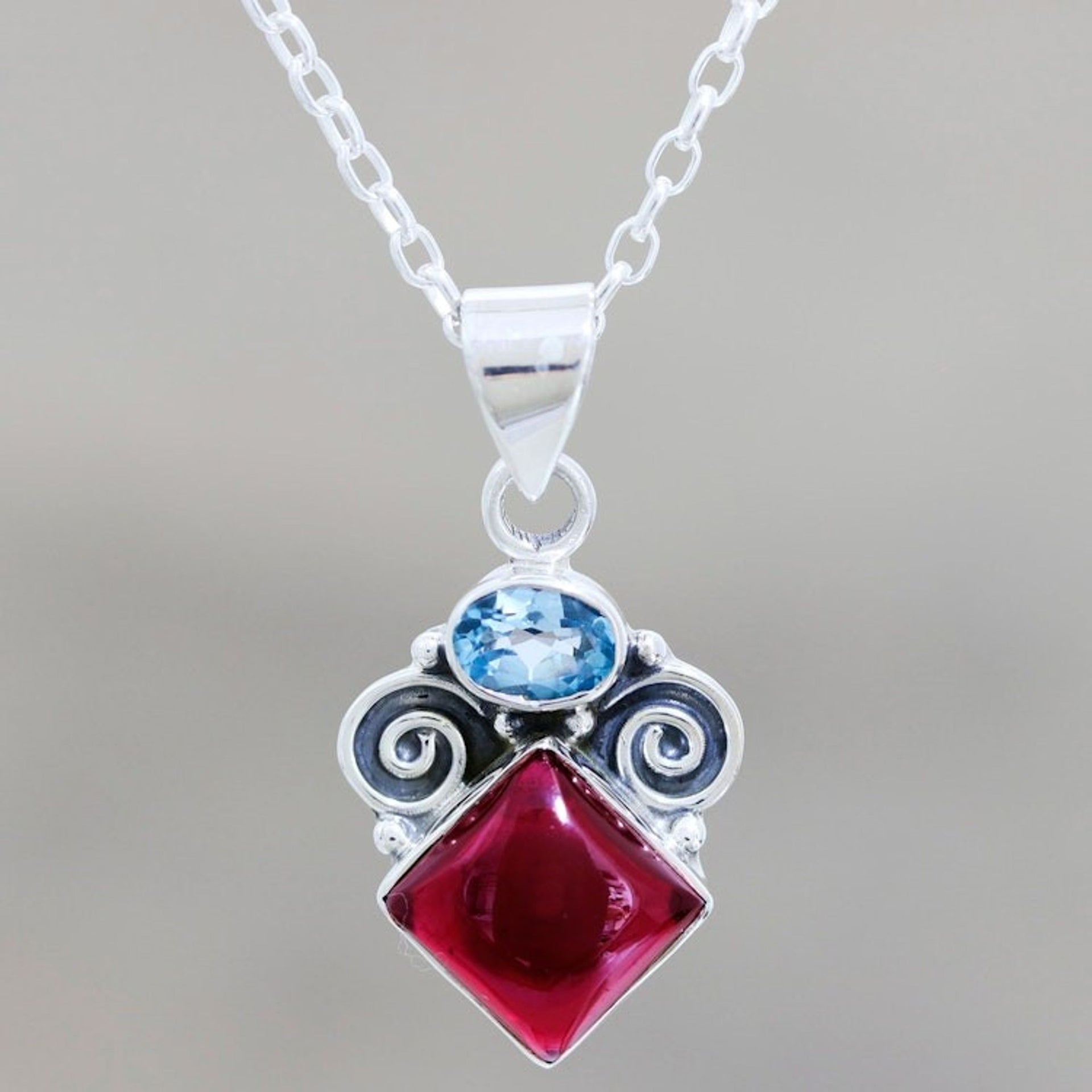 Artisan Crafted Garnet and Blue Topaz Pendant Necklace 'Rainbow Fragments'