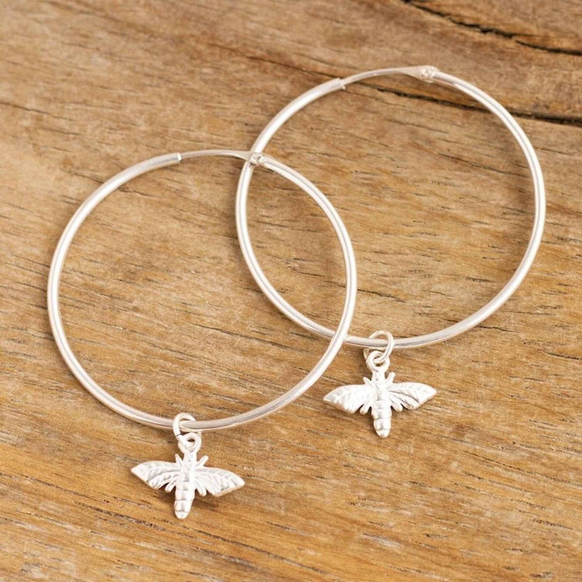 Andean Sterling Silver Hoop Earrings with Bees 'Sweet Bees'