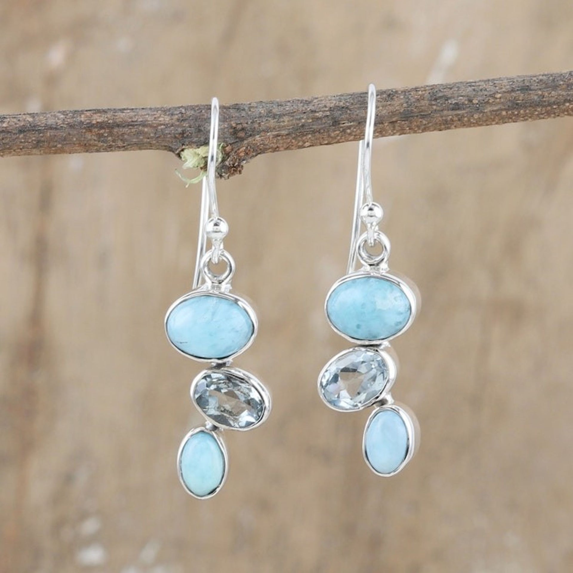 Sterling Silver Dangle Earrings with Larimar and Blue Topaz 'Trendy Trio'