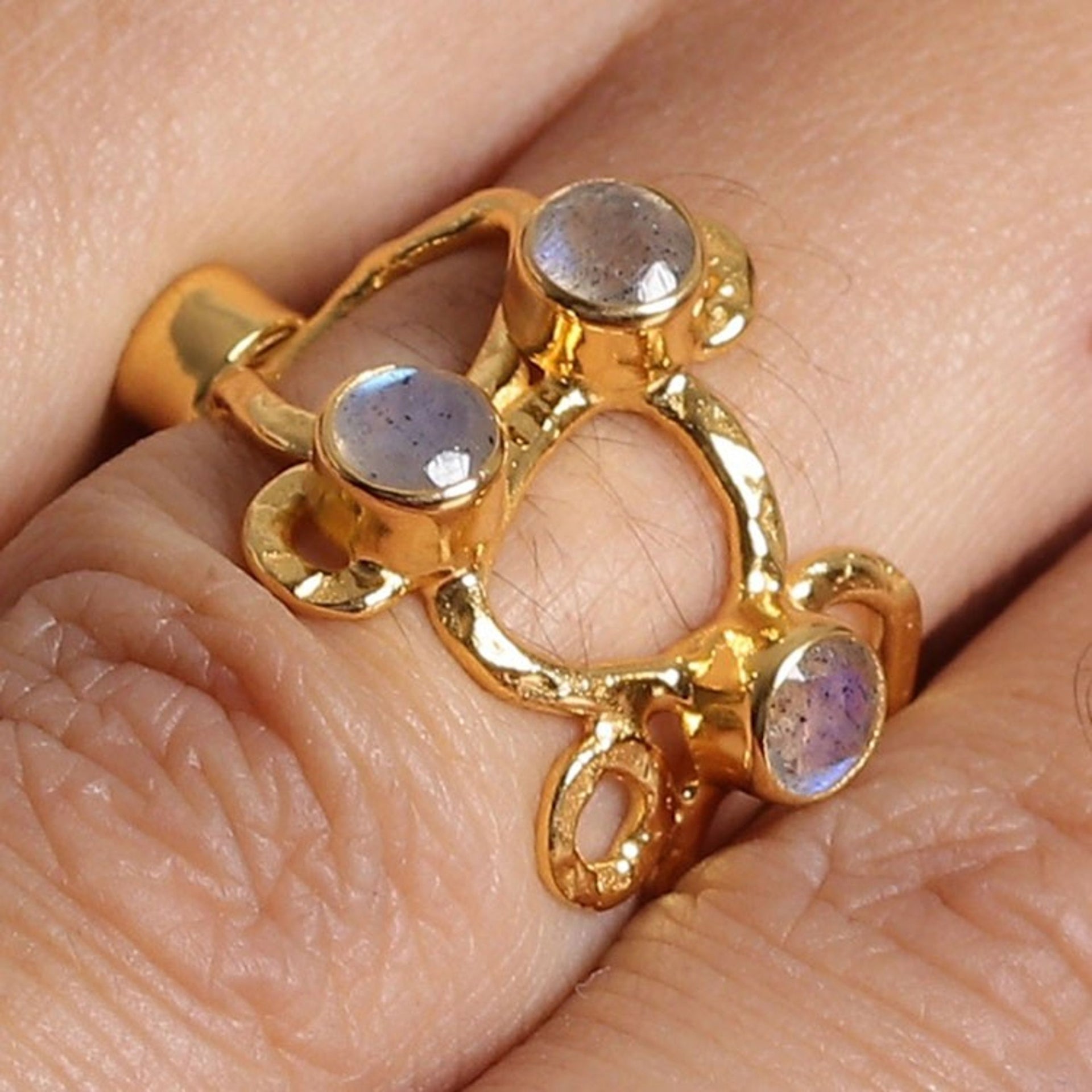 Abstract 18k Gold-Plated Natural Labradorite Cocktail Ring 'Enigmatic Fascination'