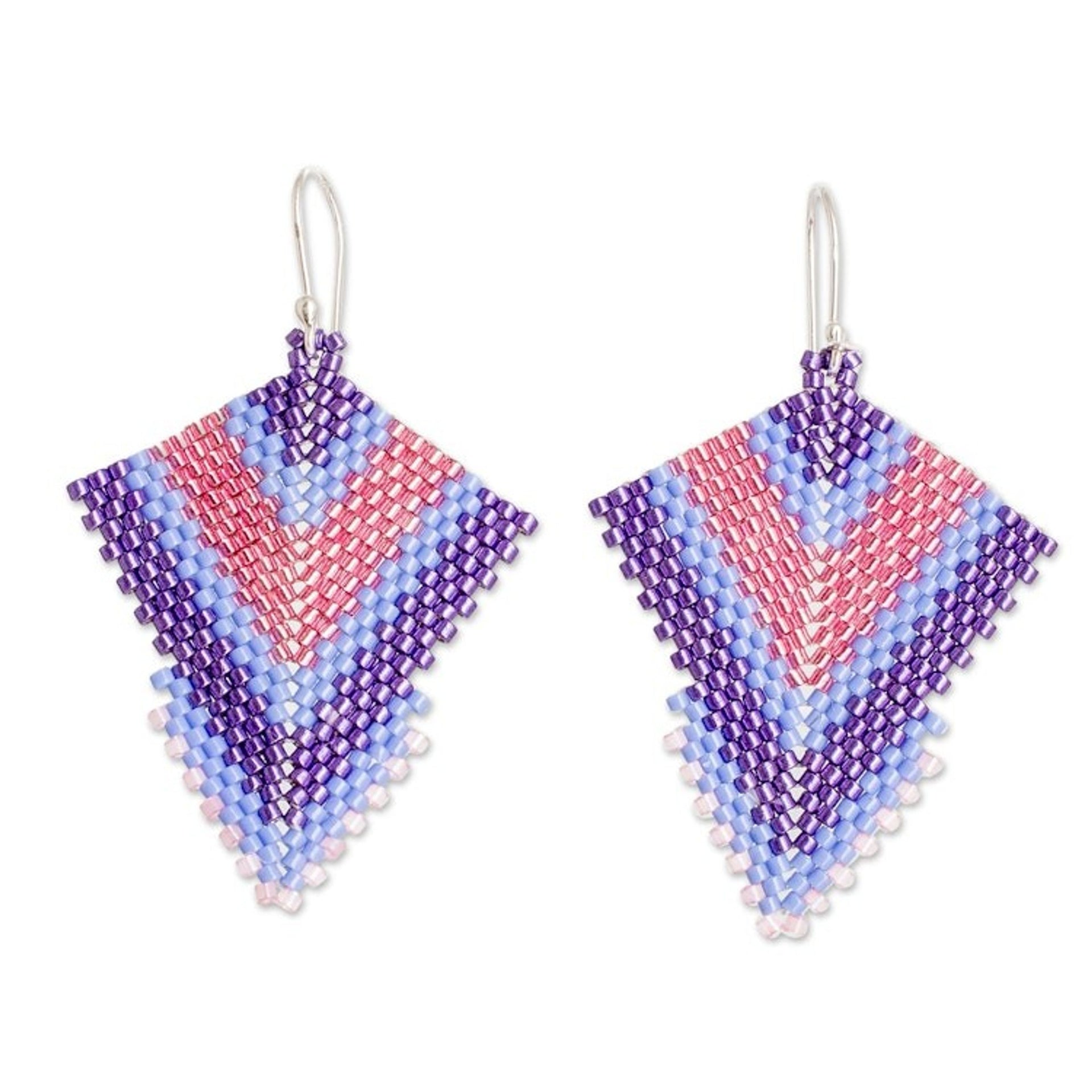 Handcrafted Purple and Pink Glass Beaded Dangle Earrings 'Purple Signals'