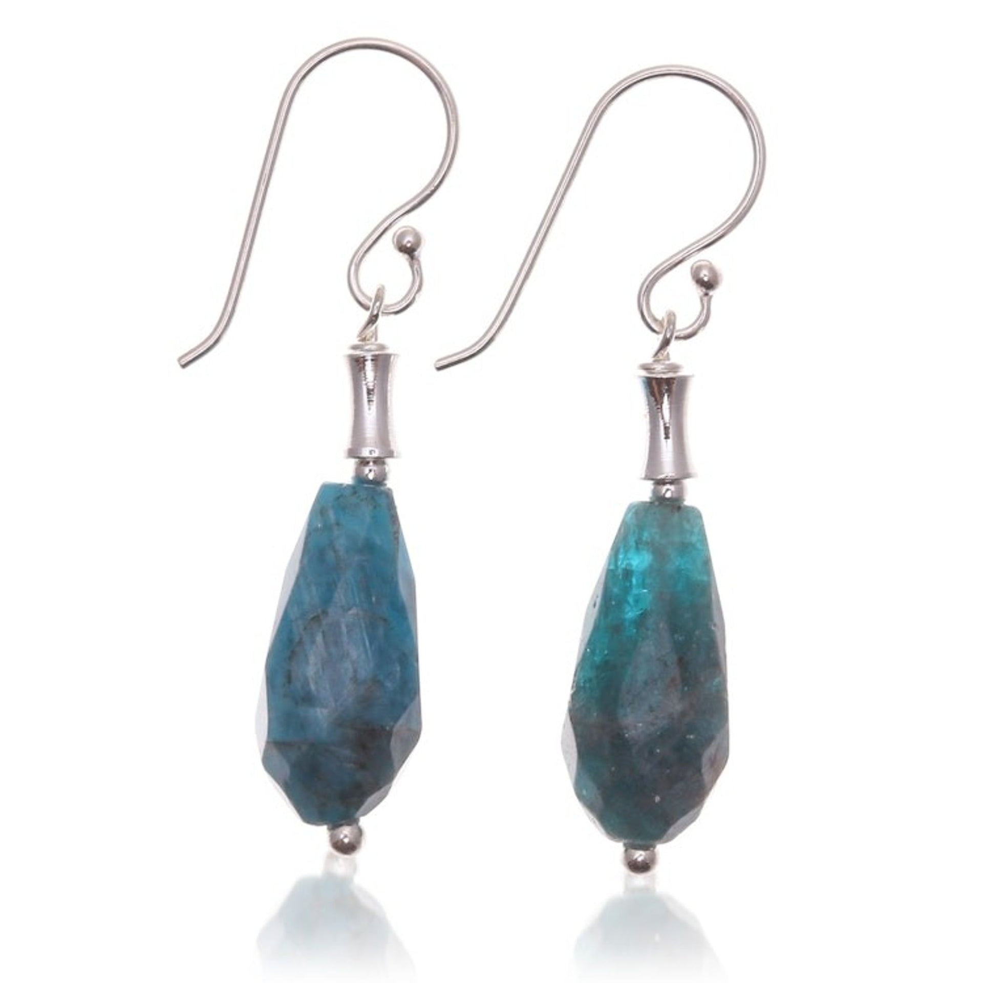 Sterling Silver Dangle Earrings with Faceted Apatite Stones 'Teal Dew Drop'