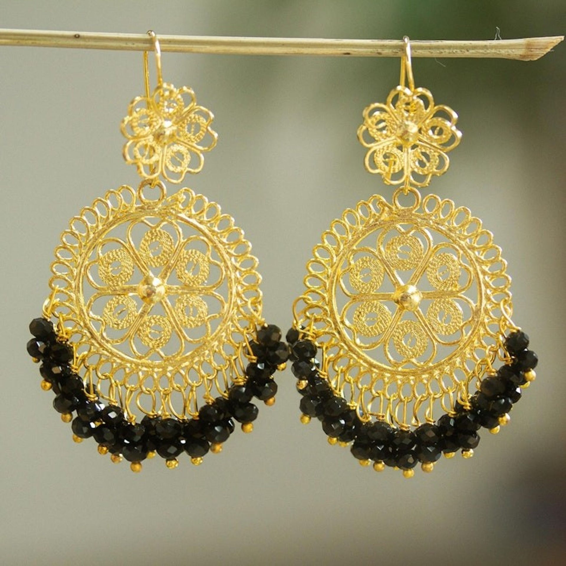 Gold Plated Chandelier Earrings with Black Crystal 'Valley Flower in Black'