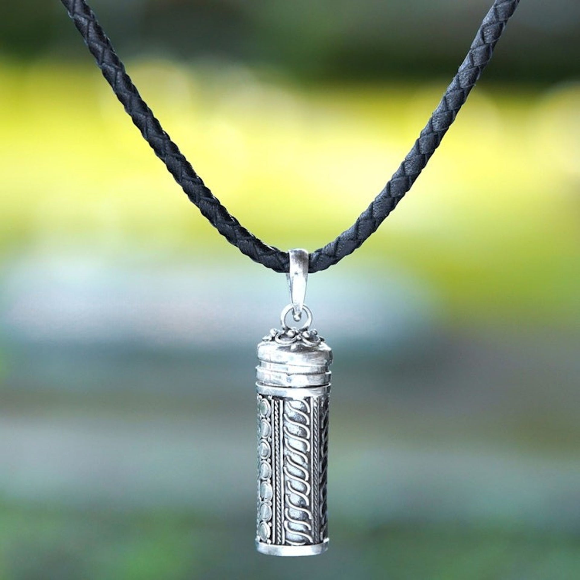 Handmade Leather and Sterling Silver Necklace 'Luminous Tower'