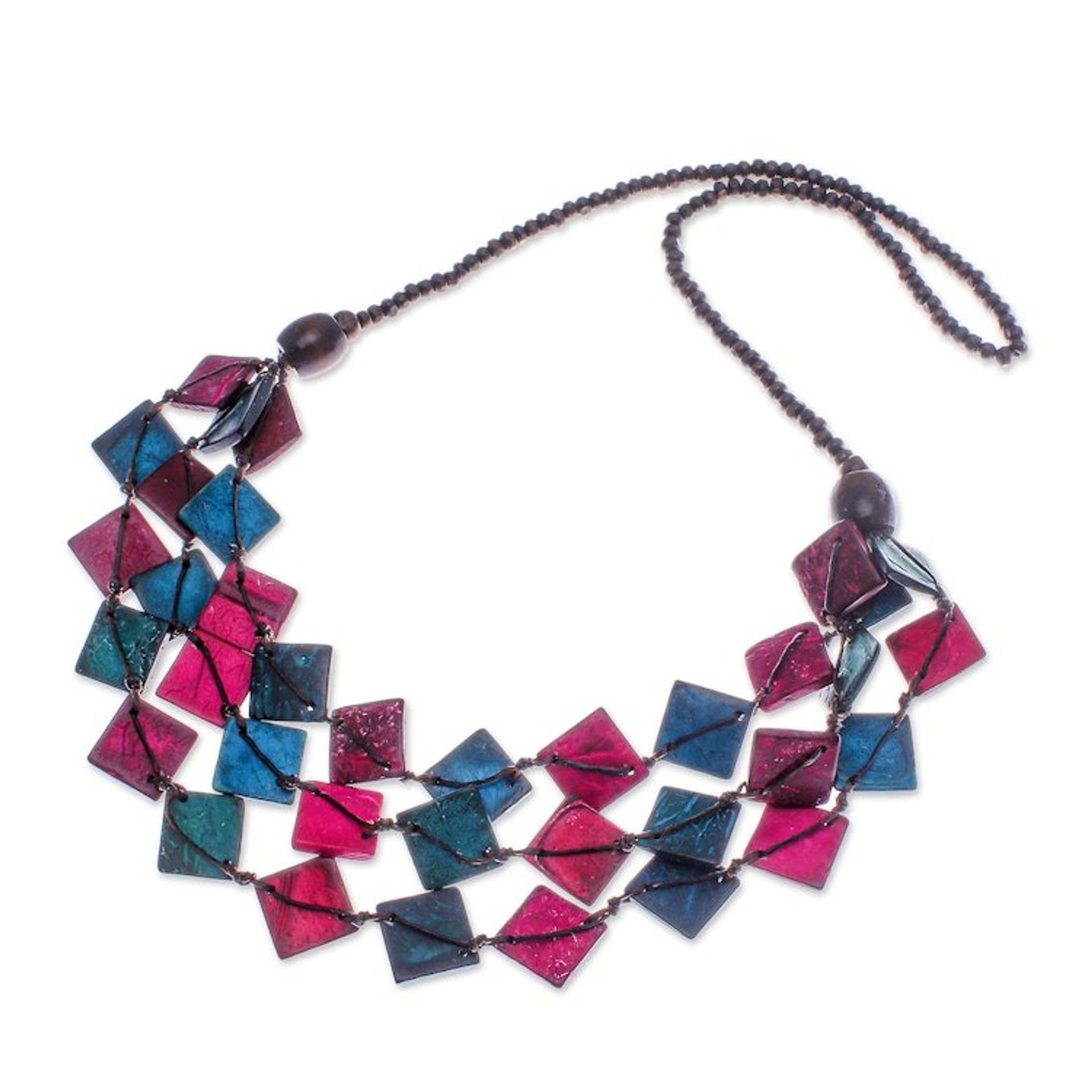 Pink and Turquoise and Coconut Shell Beaded Strand Necklace 'Dreamy Diamonds'