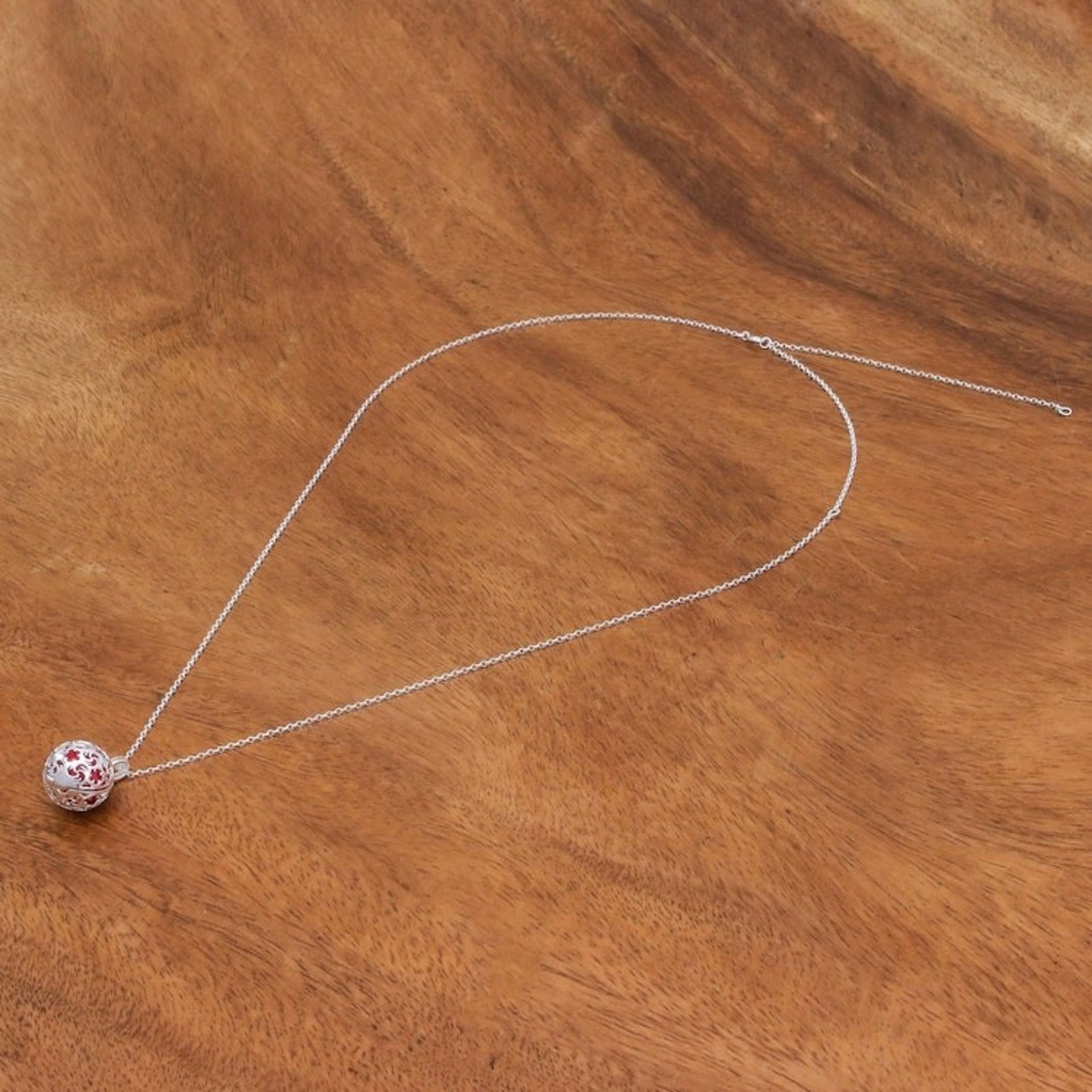 Ringing Bell Sterling Silver Pendant Necklace in Red 'Snowball'