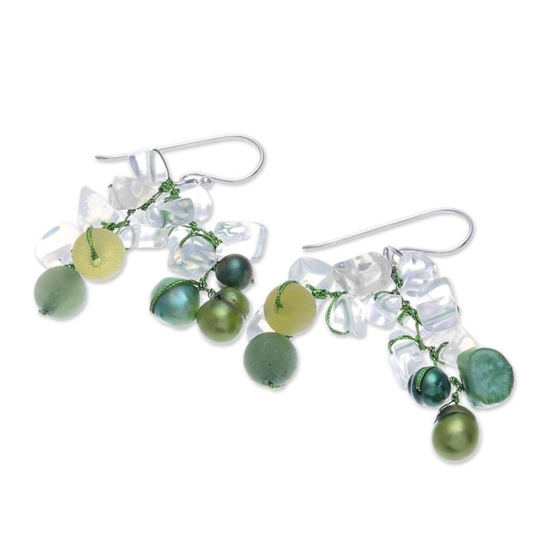 Green Cultured Pearl and Rainbow Moonstone Dangle Earrings 'Eye Candy in Green'