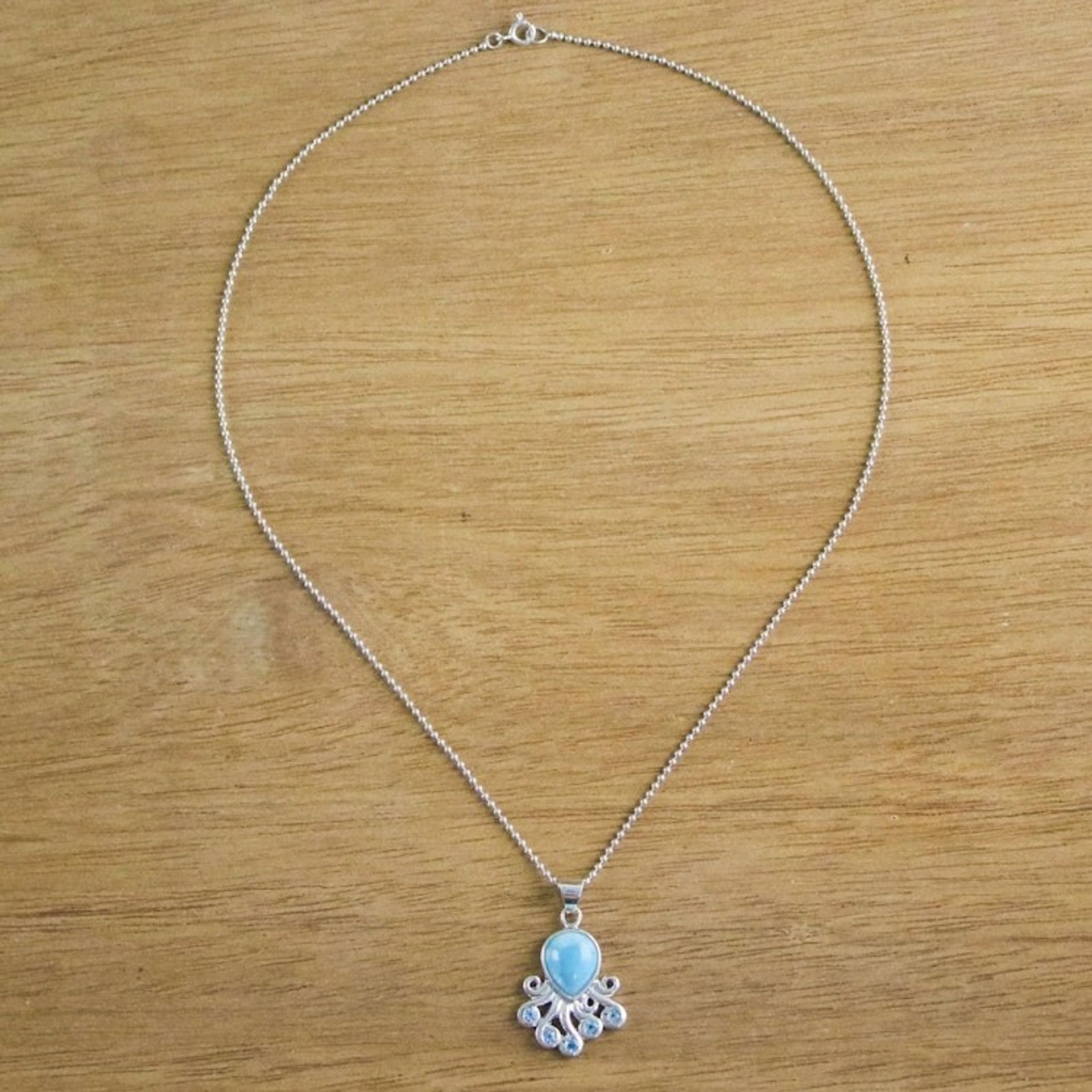 Larimar Blue Topaz Octopus Sterling Silver Pendant Necklace 'Sweet Octopus'