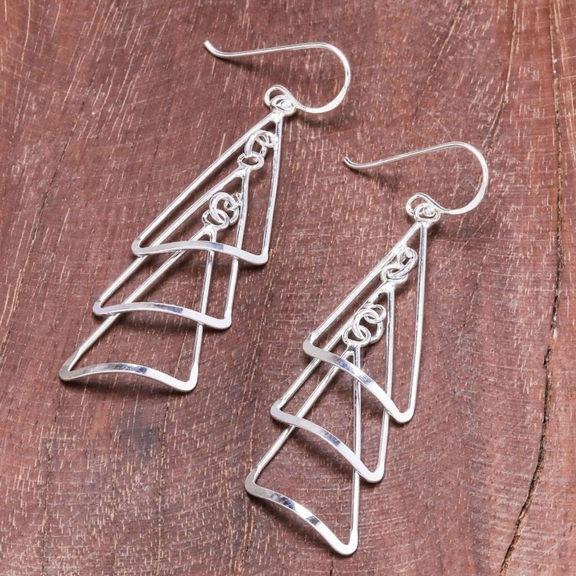 Modern Triangular Sterling Silver Dangle Earrings 'Triangle Triplets'