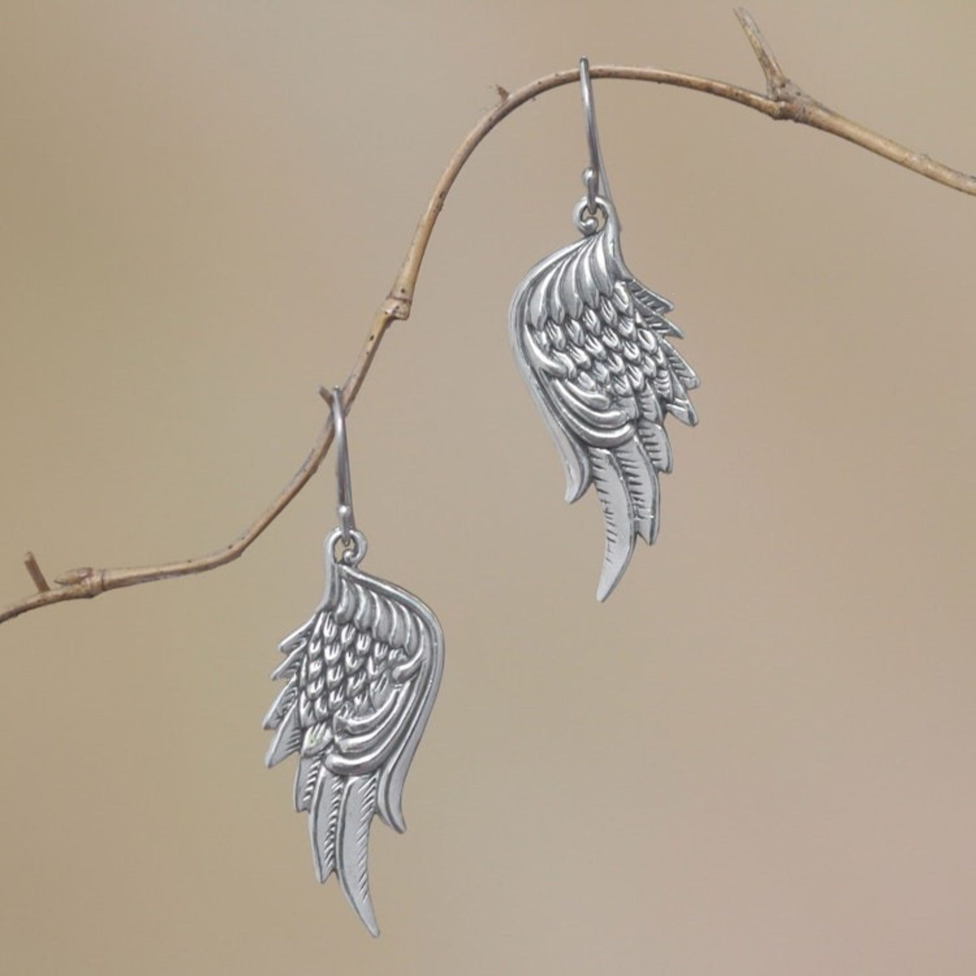 Sterling Silver Feathered Wings Dangle Earrings 'Liberty Wings'