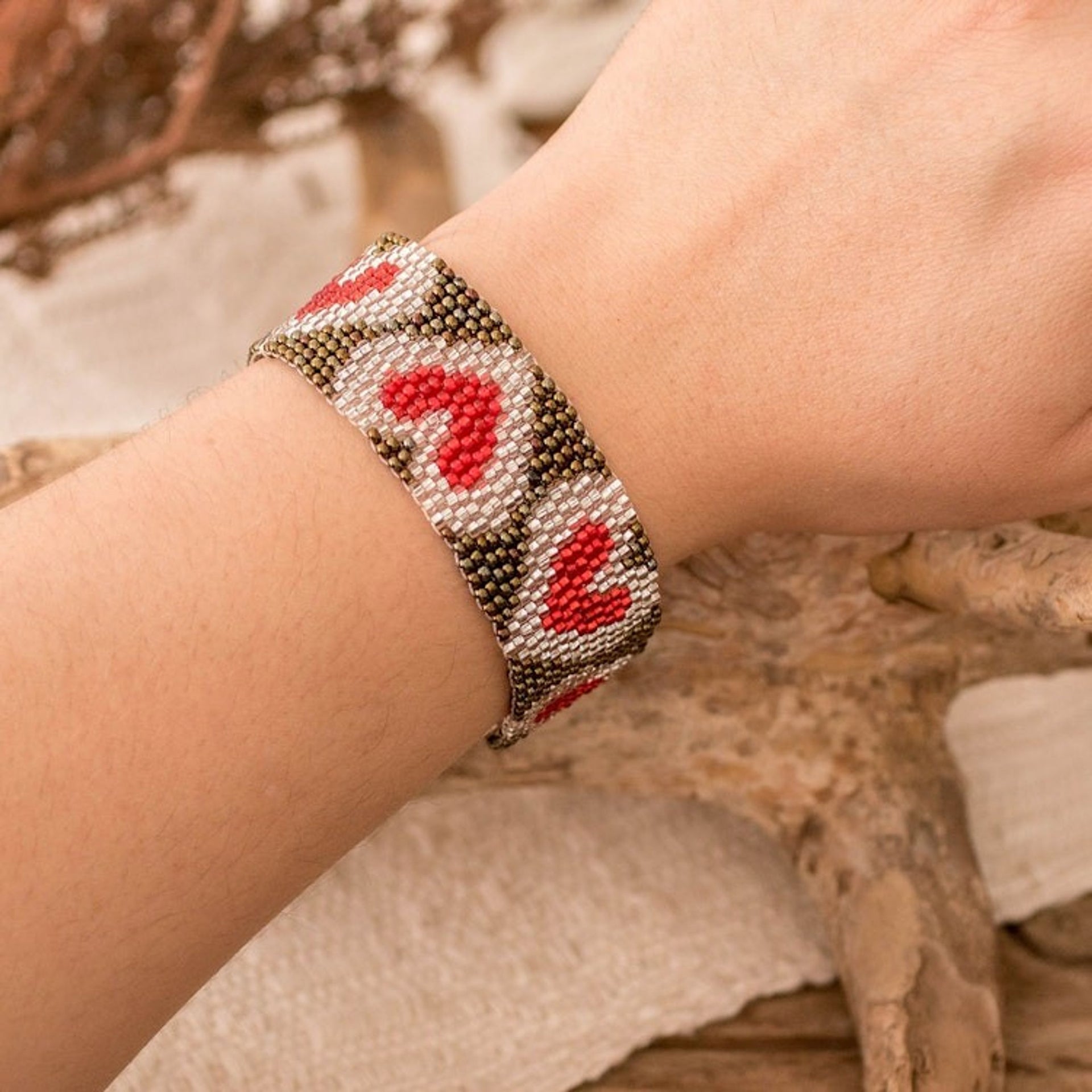 Adjustable Bronze Red and Silver-Hued Beaded Heart Bracelet 'Red Queen of Hearts'