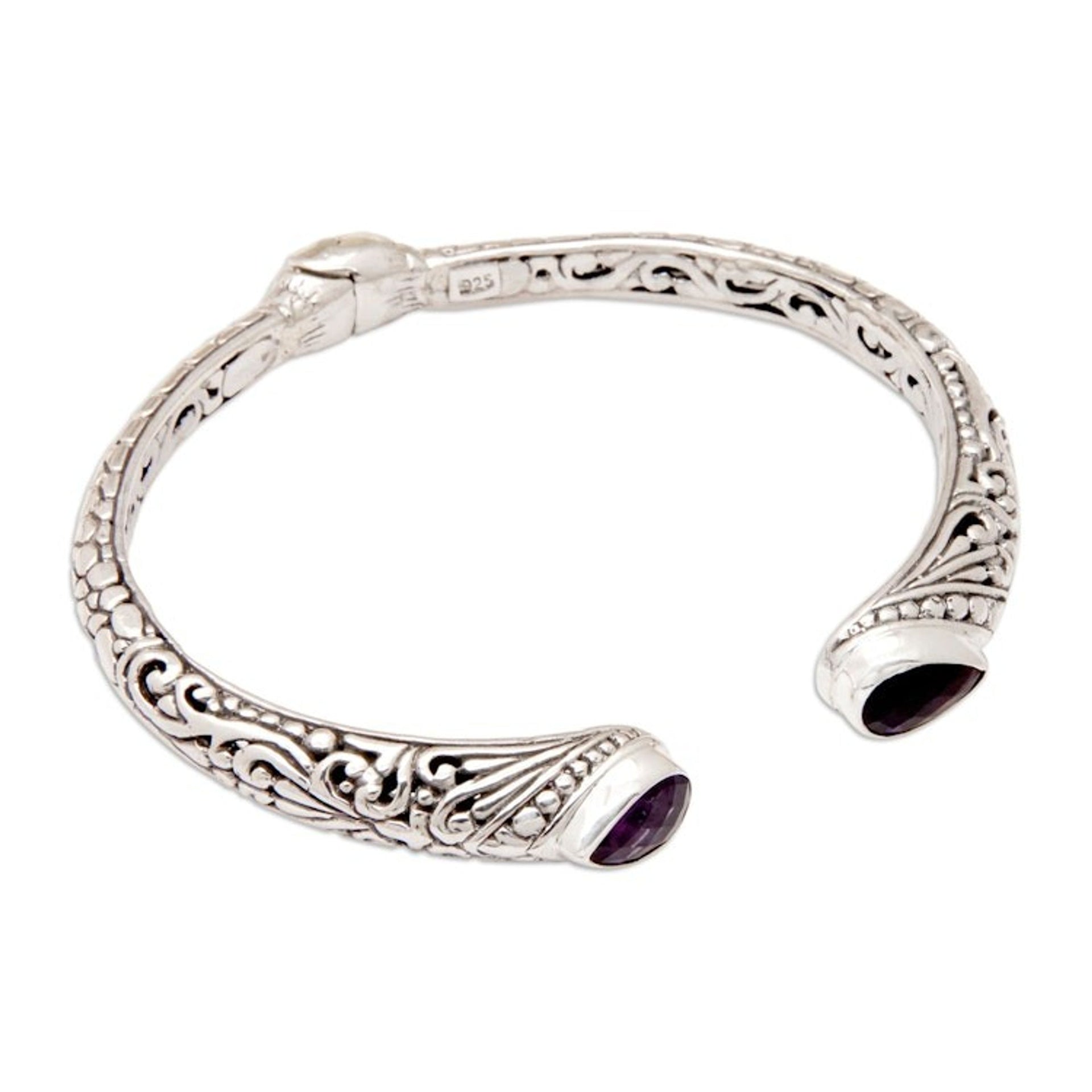 Polished Cuff Bracelet with Over-Two-Carat Amethyst Jewels 'Purple Tegalalang'