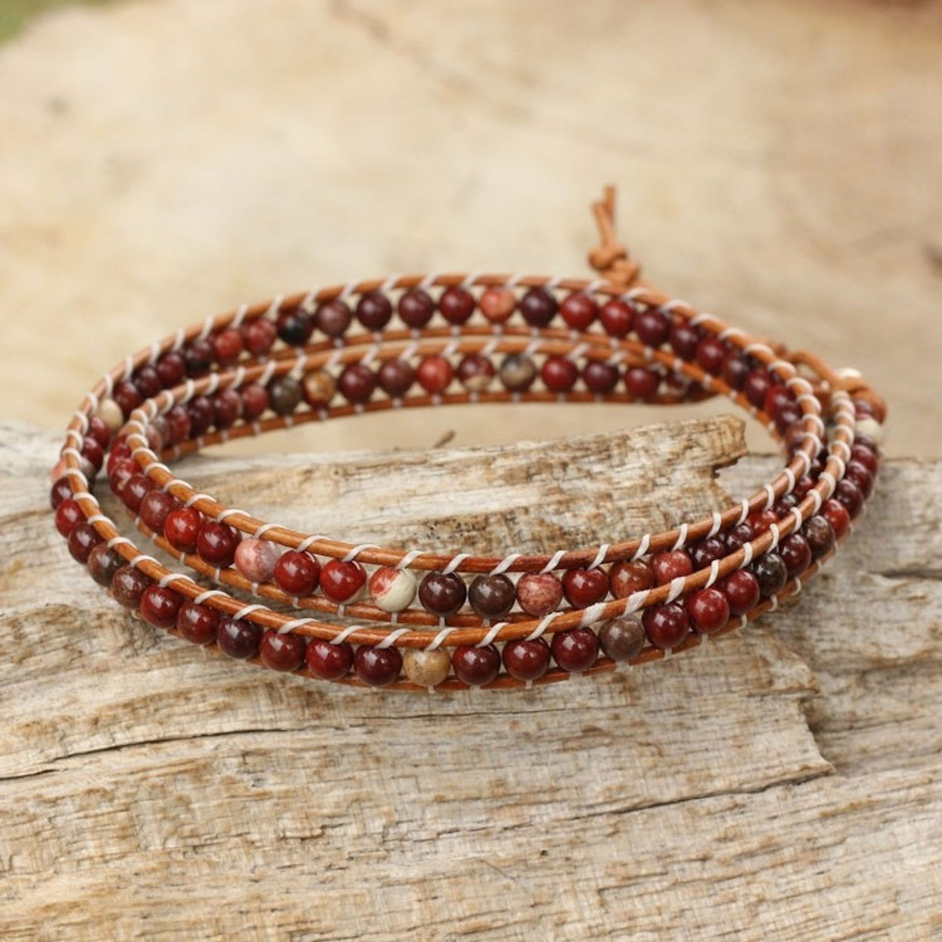 Beaded Wrap Bracelet with Red Jasper and Leather Cords 'Special Wine'