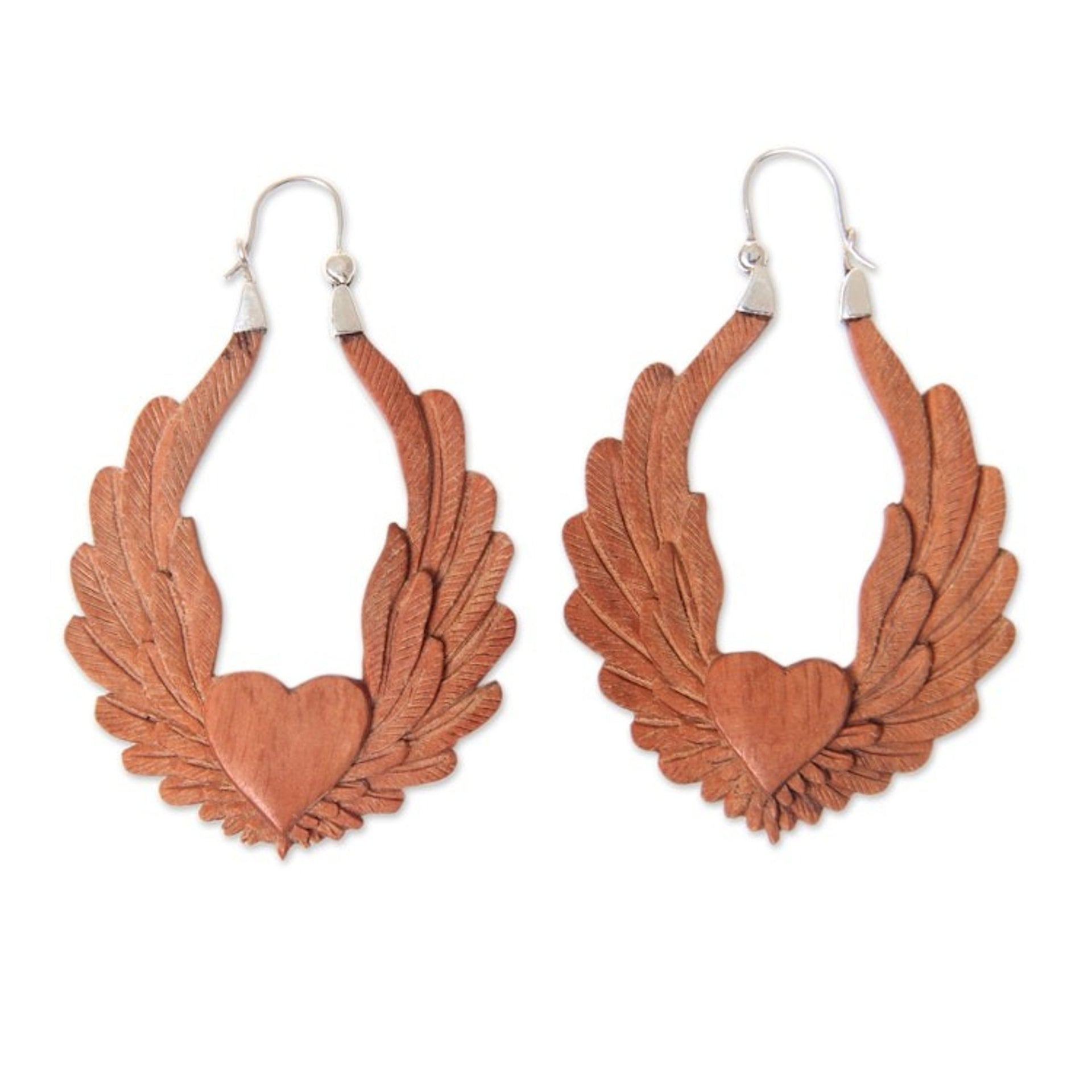 Artisan Crafted Balinese Wood and Silver Hoop Earrings 'Angel Heart'
