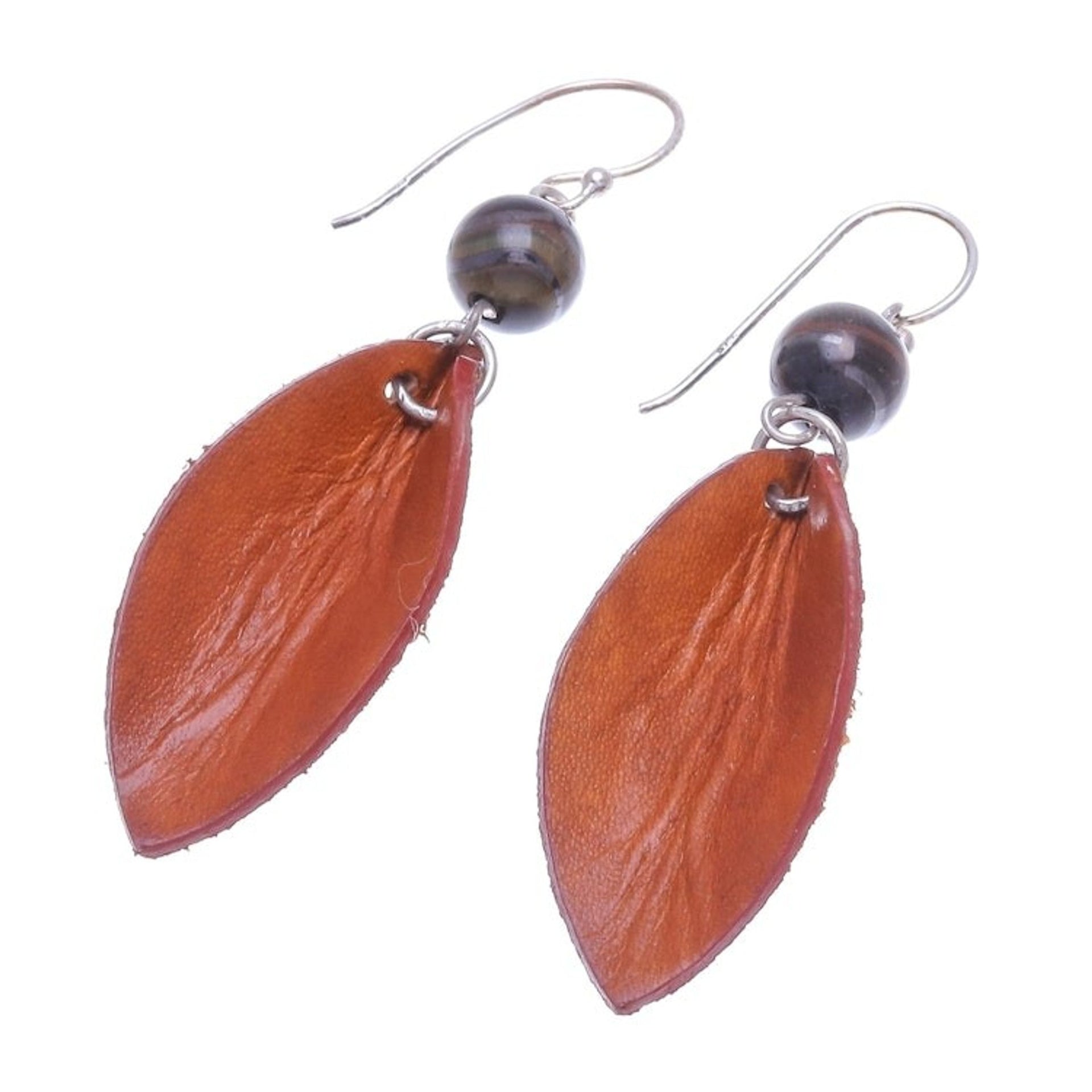Leather Petal Earrings with Tiger's Eye Beads 'Supple Petals in Rust'