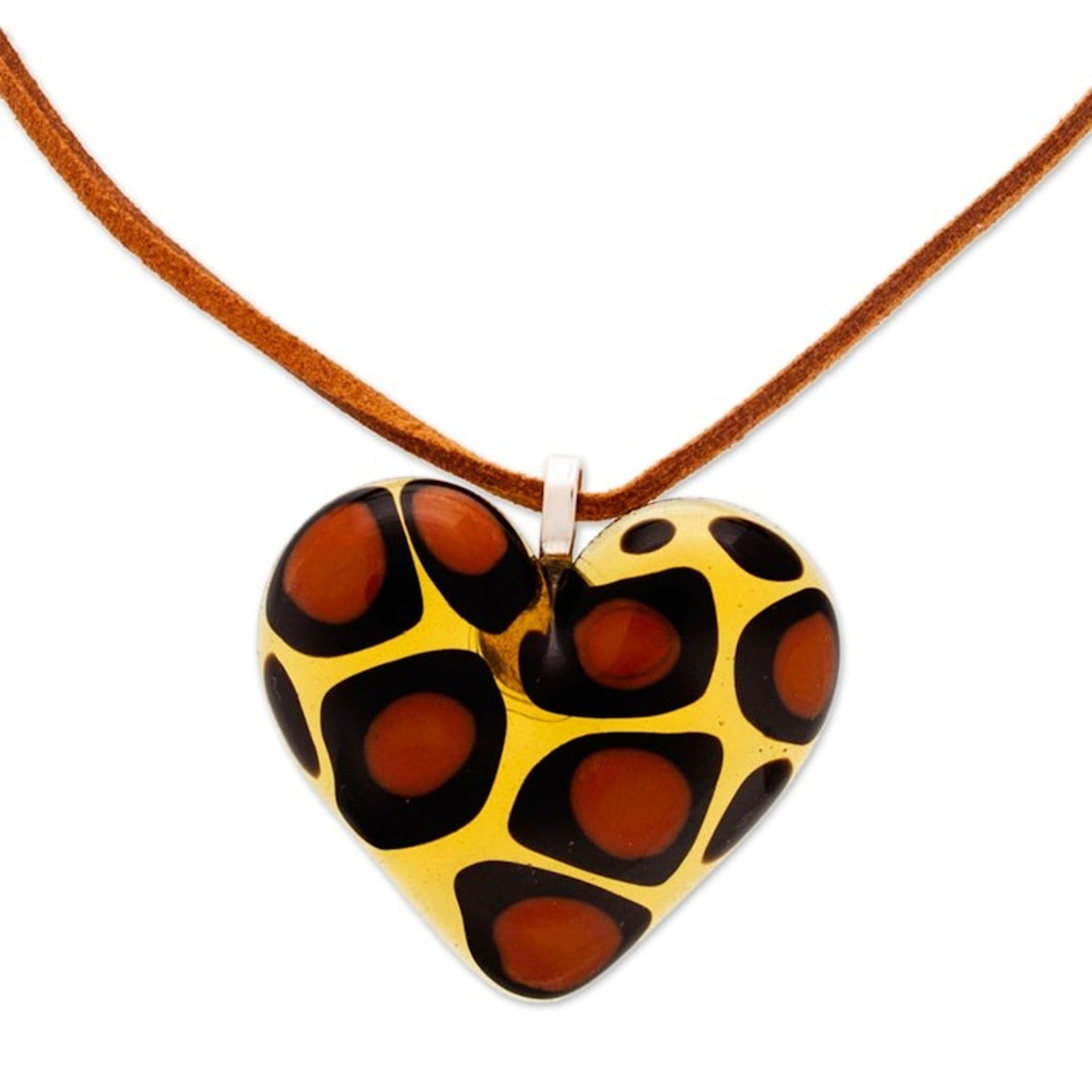 Art Glass Pendant Necklace with Animal Print and Heart Motif 'My Flamboyant Love'