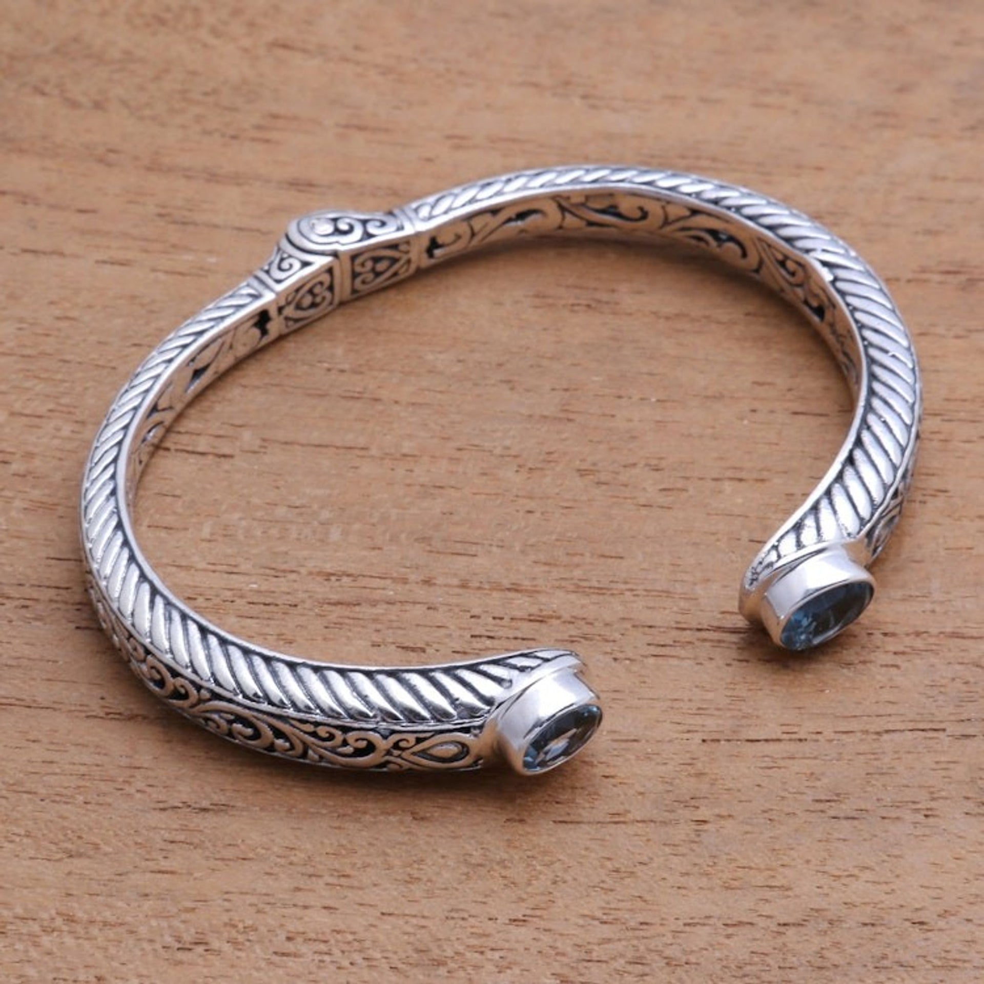 Blue Topaz Scroll and Rope Pattern Cuff Bracelet from Bali 'Treasure Trove'