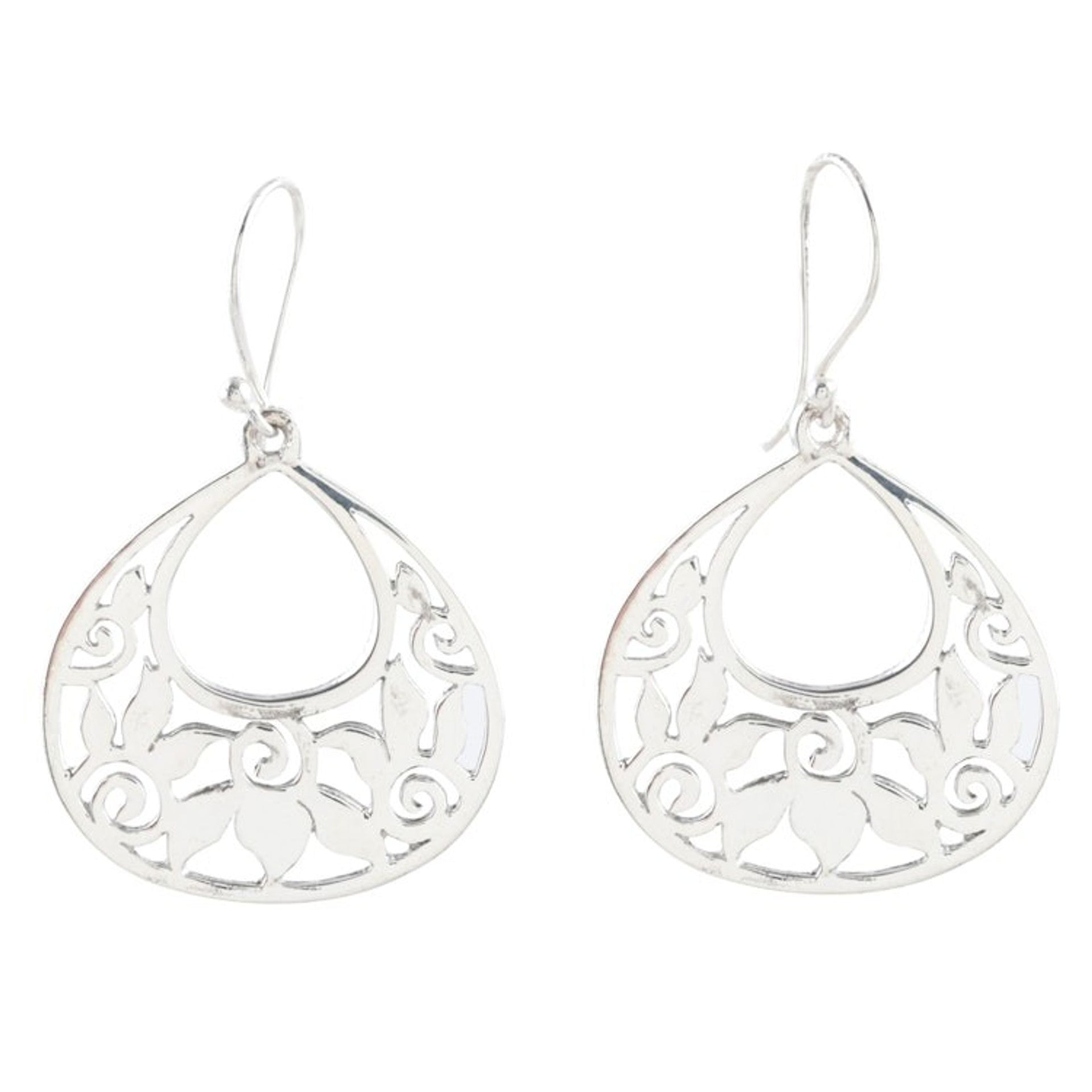 Floral Jewelry from India Handmade Silver Earrings 'Moonlit Lotus'