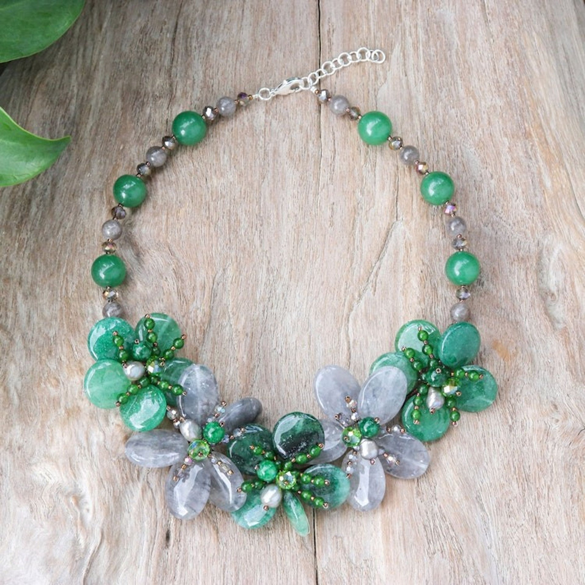 Floral Quartz and Cultured Pearl Statement Necklace in Green 'Nature Spring'