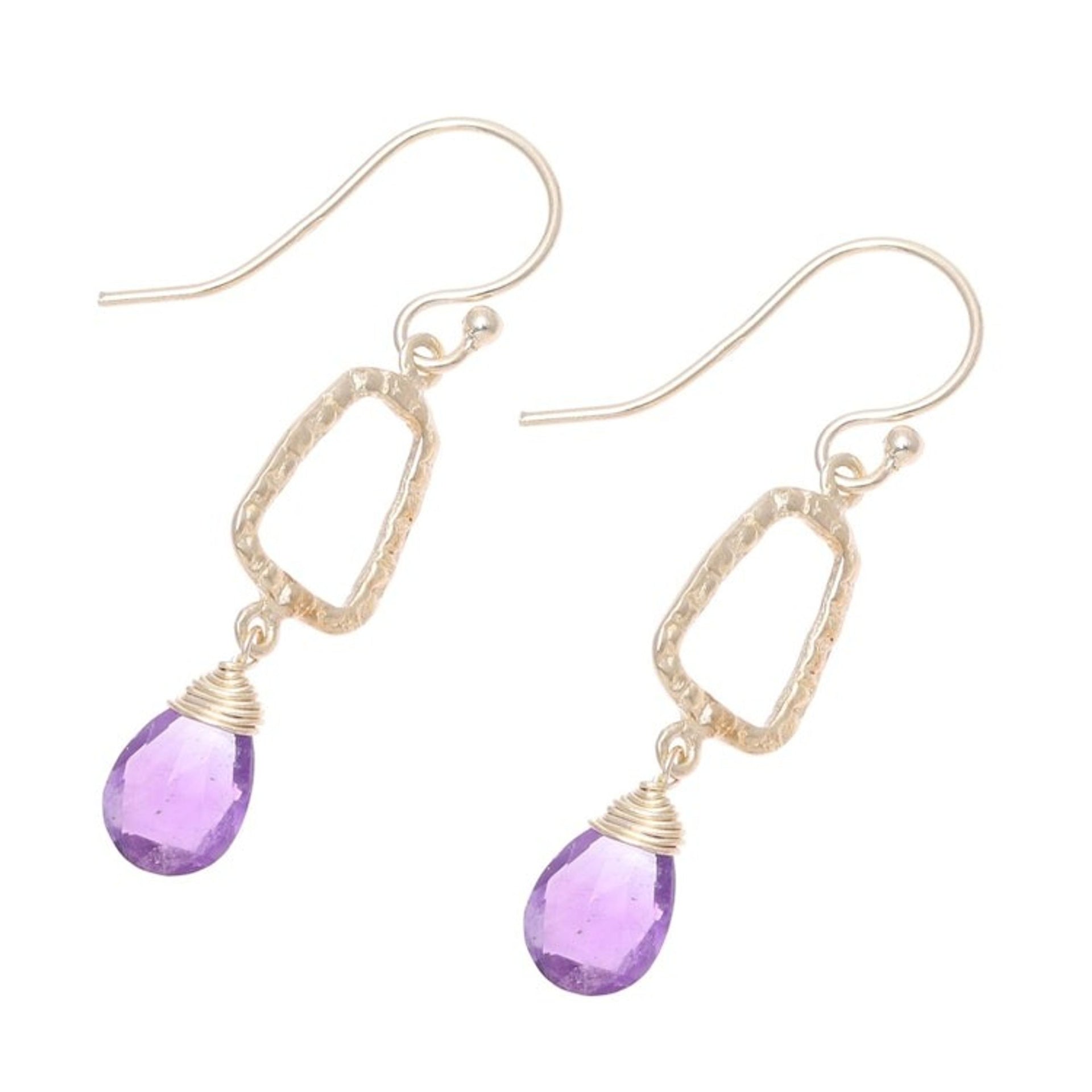 18k Gold Plated Amethyst Dangle Earrings from India 'Dancing Frames'