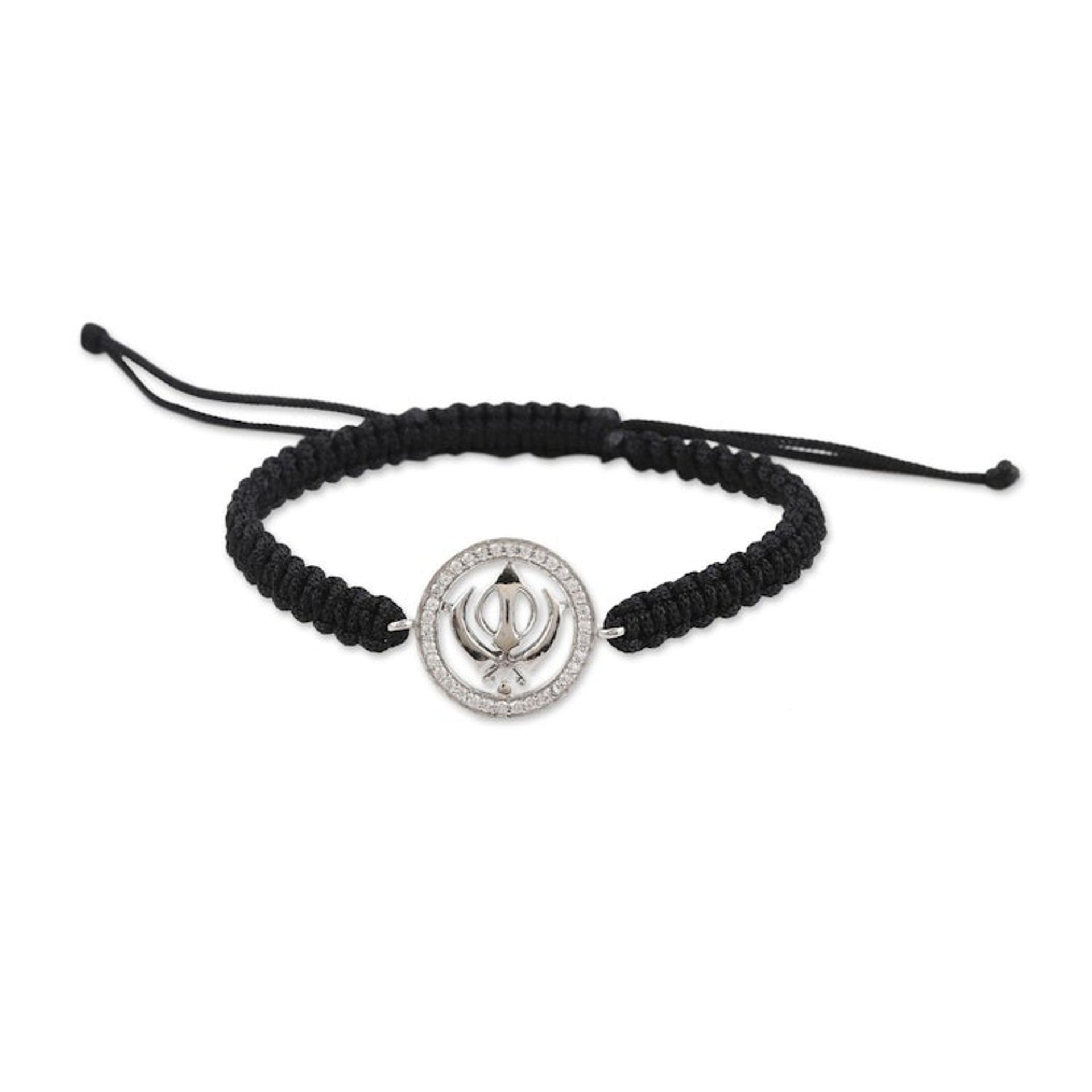 Black Macrame Cord Bracelet with Khanda Pendant and Gems 'Bonds of Knowledge'