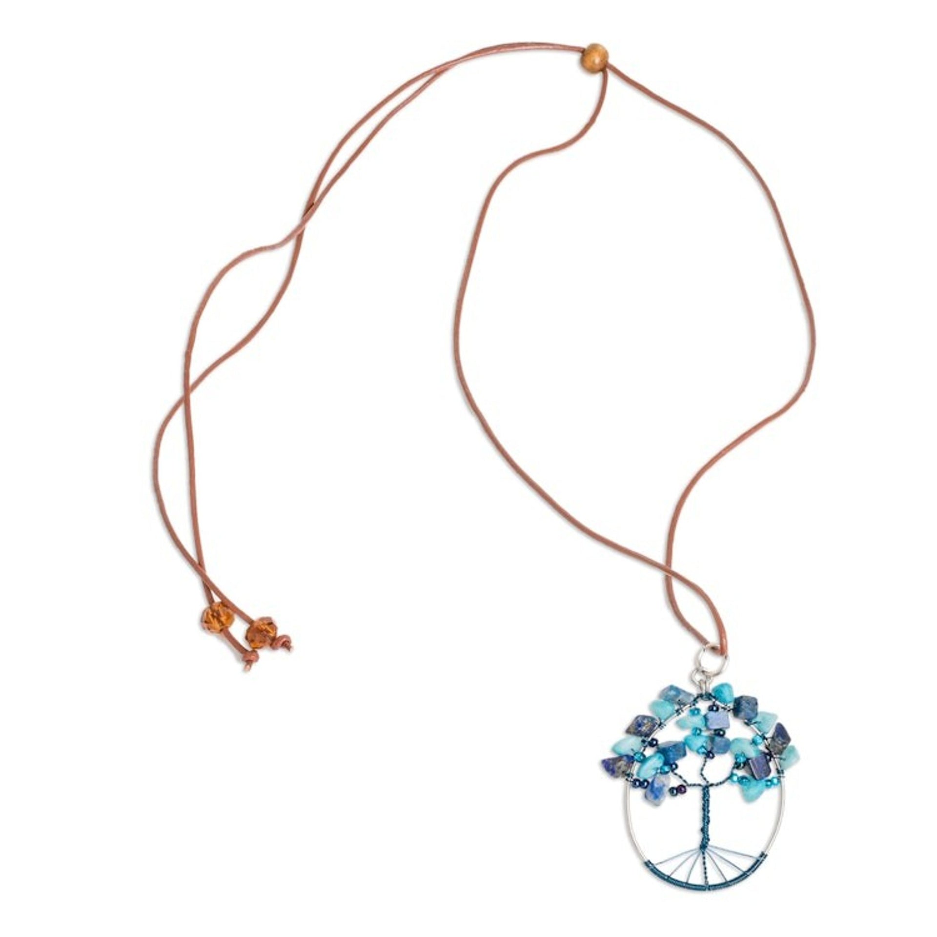 Tree-Themed Oval Blue Jasper and Quartz Pendant Necklace 'Forest in Blue'