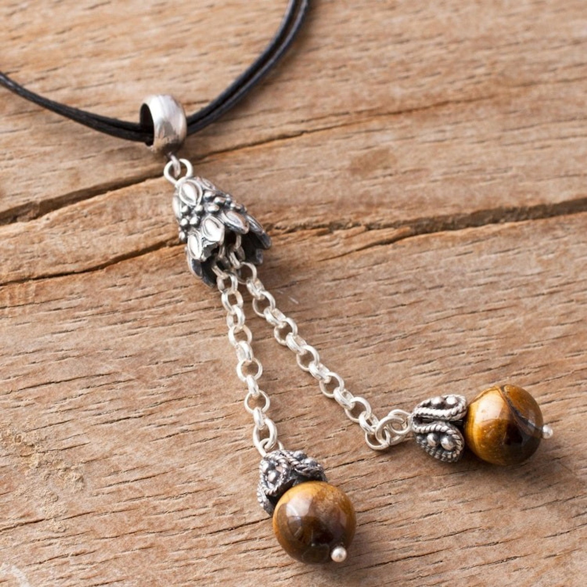 Tiger's Eye and Sterling Silver Pendant Necklace from Peru 'Berry Pendulums'