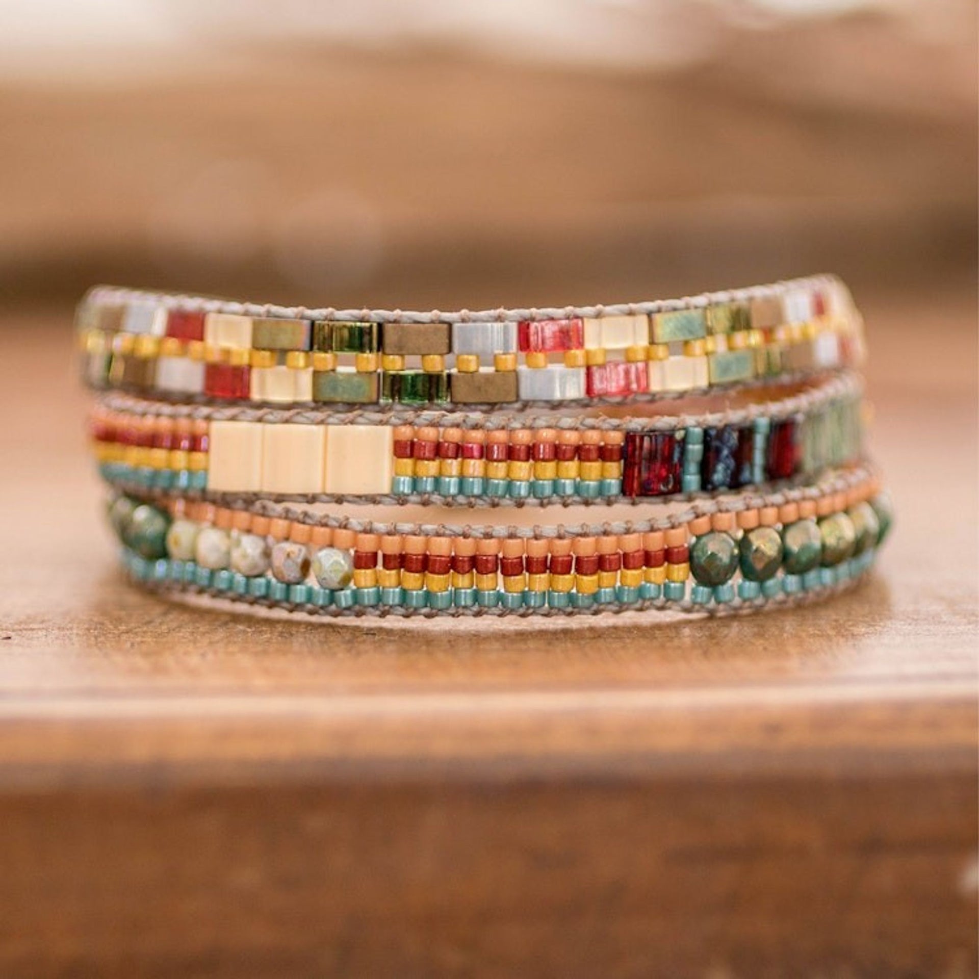 Handmade Multicolor Glass Beaded Strand Wristband Bracelet 'Solar Festival'