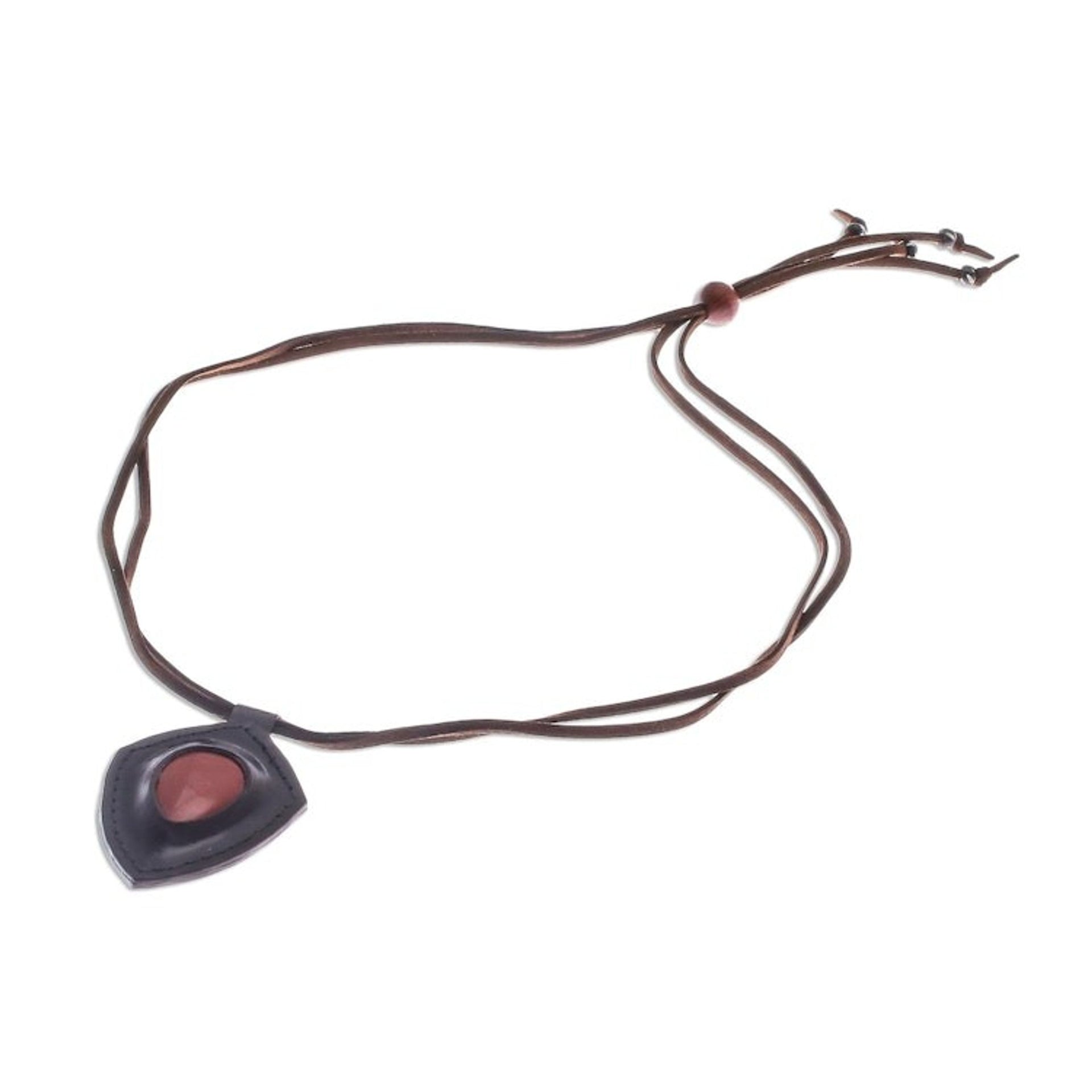 Jasper and Leather Pendant Necklace from Thailand 'Bold Shield'