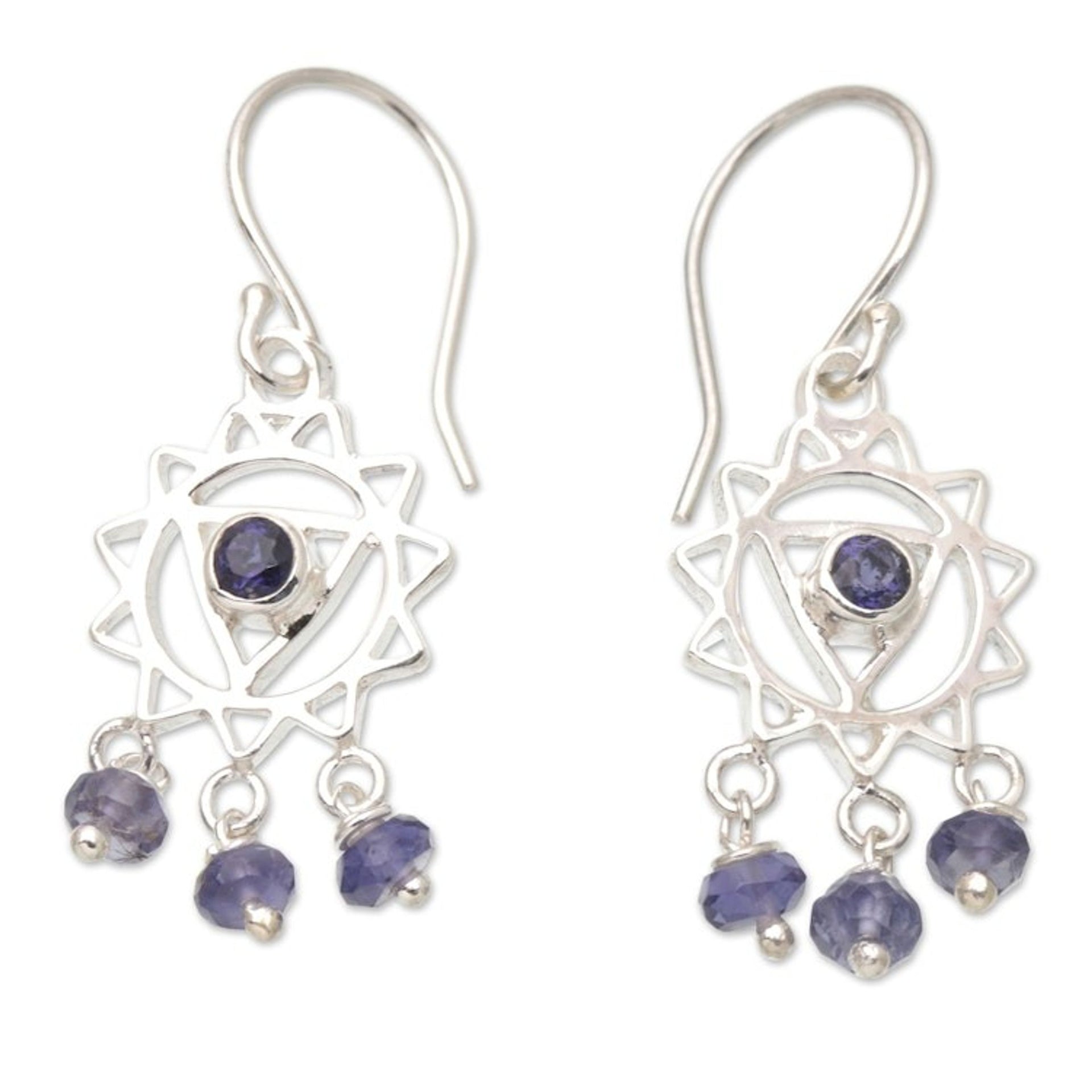 Chakra Themed Sterling Silver and Iolite Dangle Earrings 'Violet Sun'