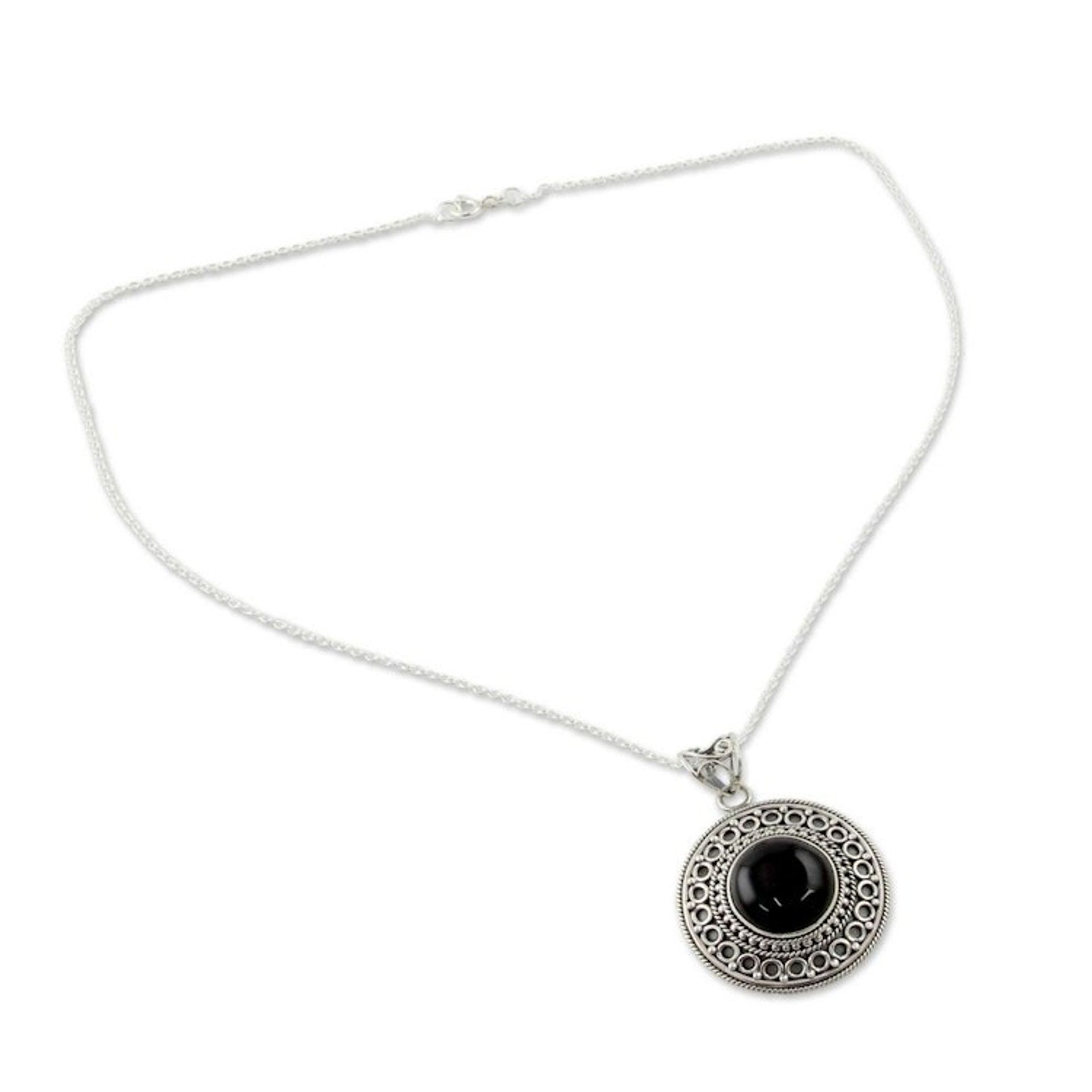 Black Onyx on Sterling Silver Pendant Necklace from India 'Mumbai Medallion'