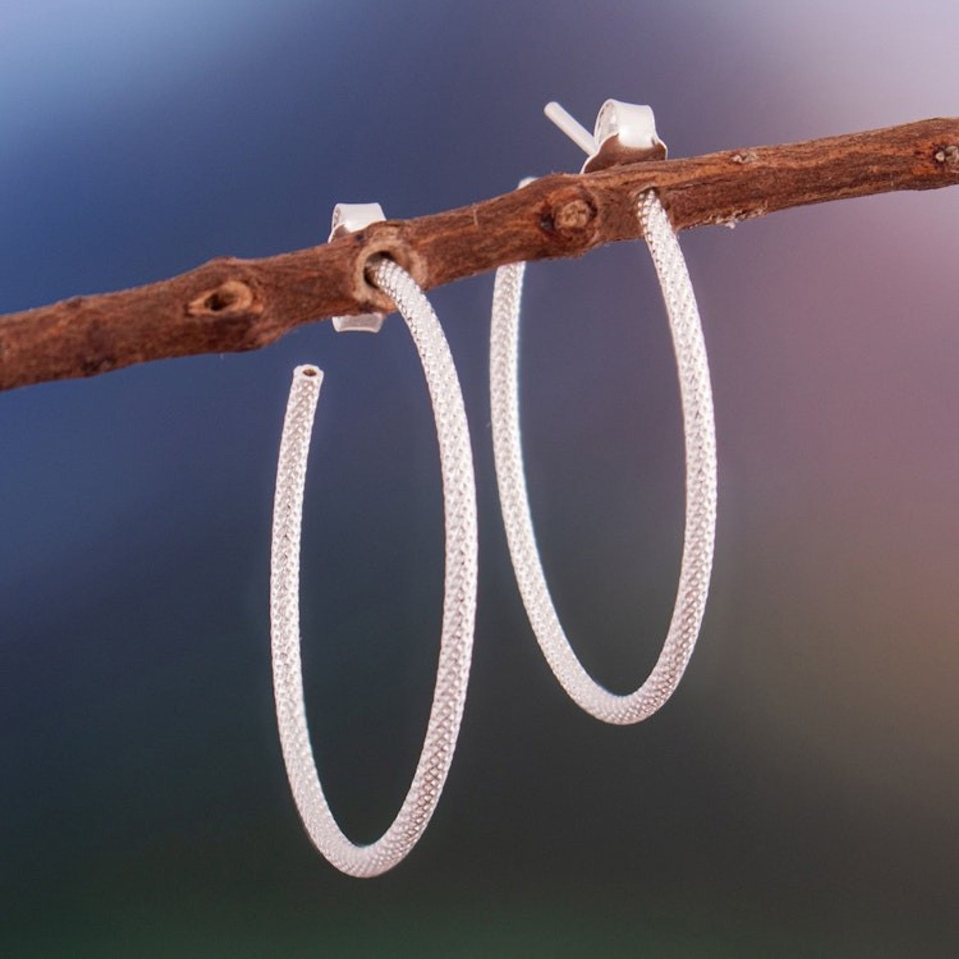 Patterned Sterling Silver Half-Hoop Earrings Made in Peru 'Diamond Glint'