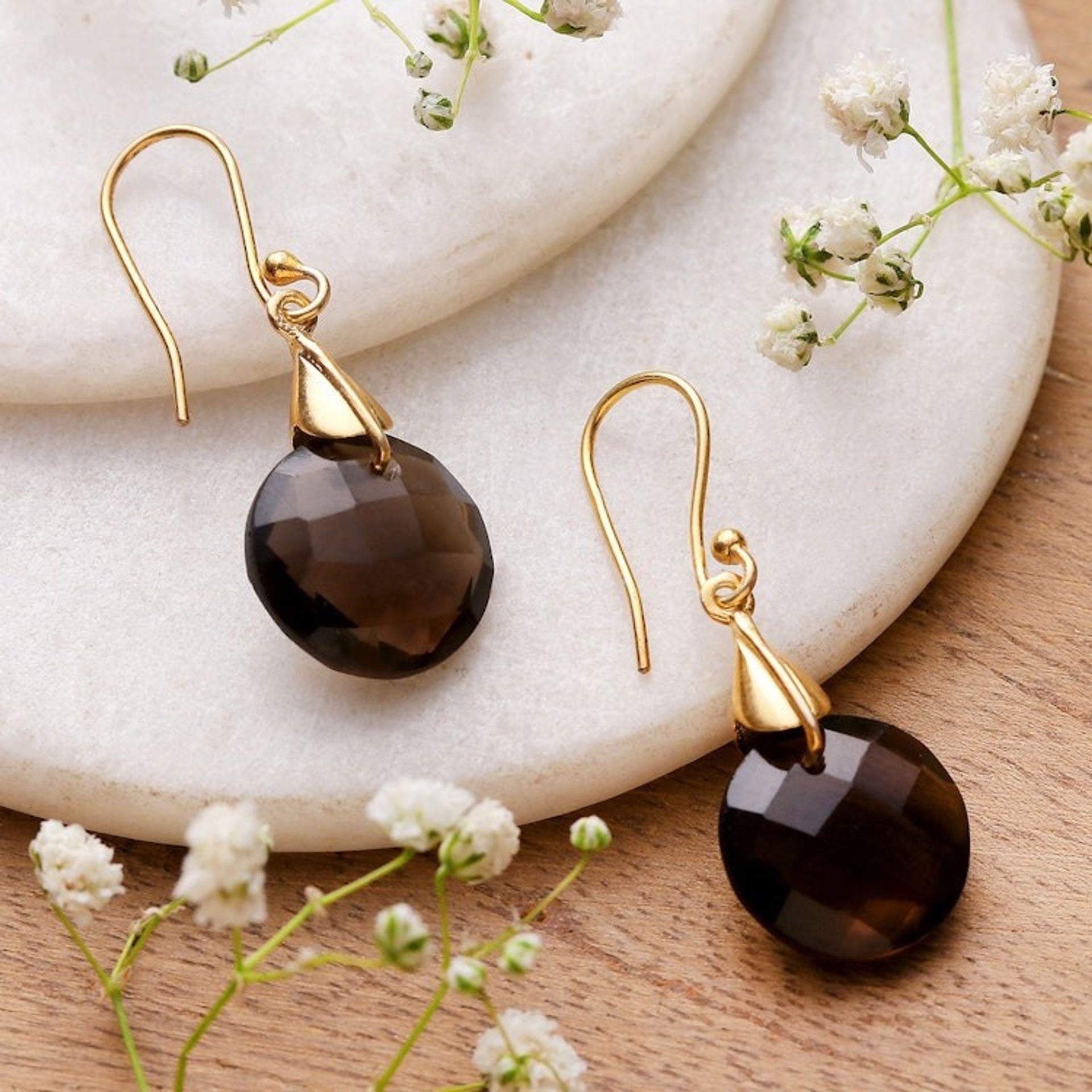 22k Gold-Plated Smoky Quartz Dangle Earrings from India 'Evening Dazzle'