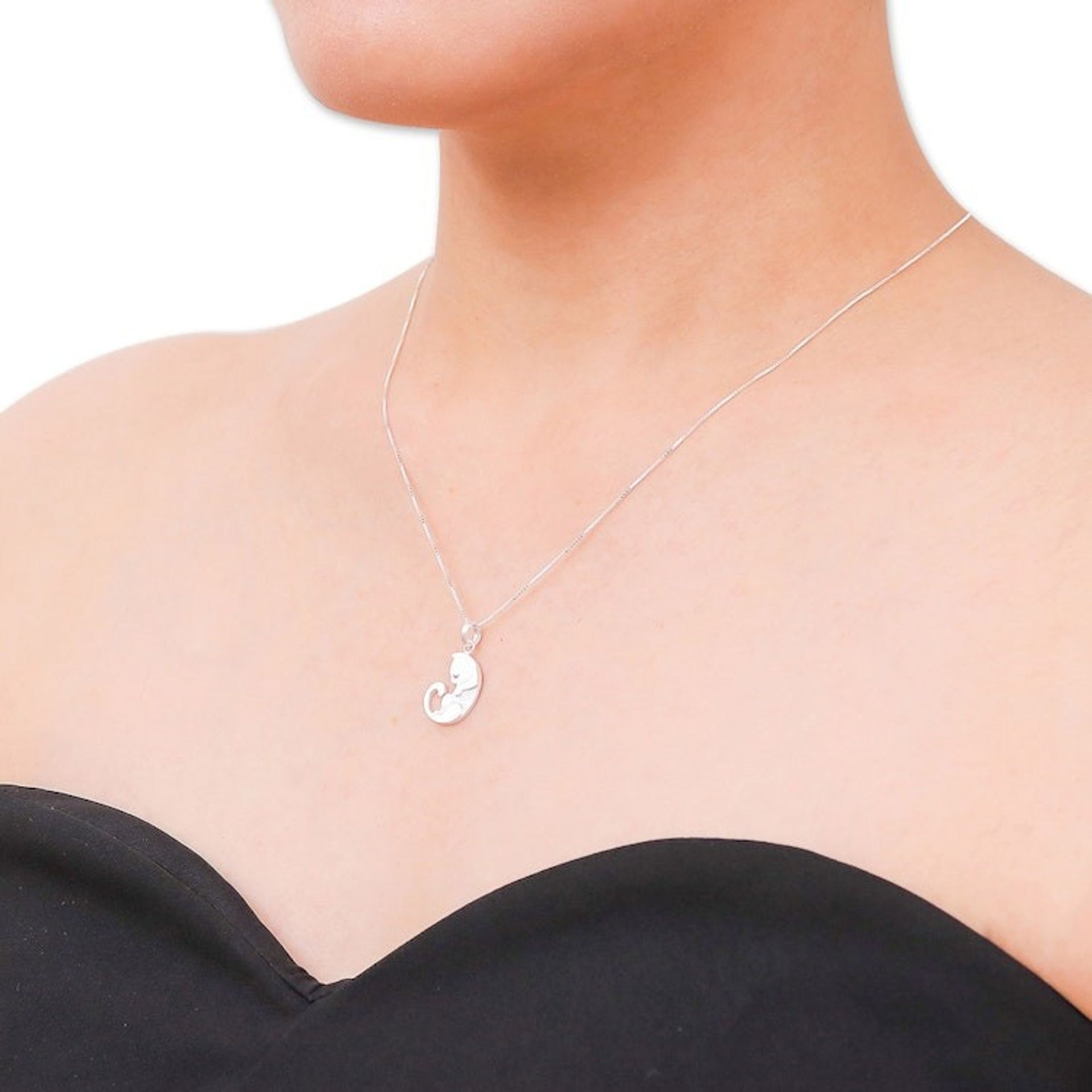 925 Silver Cat Pendant Necklace with Brushed-Satin Finish 'Lazy Cat'