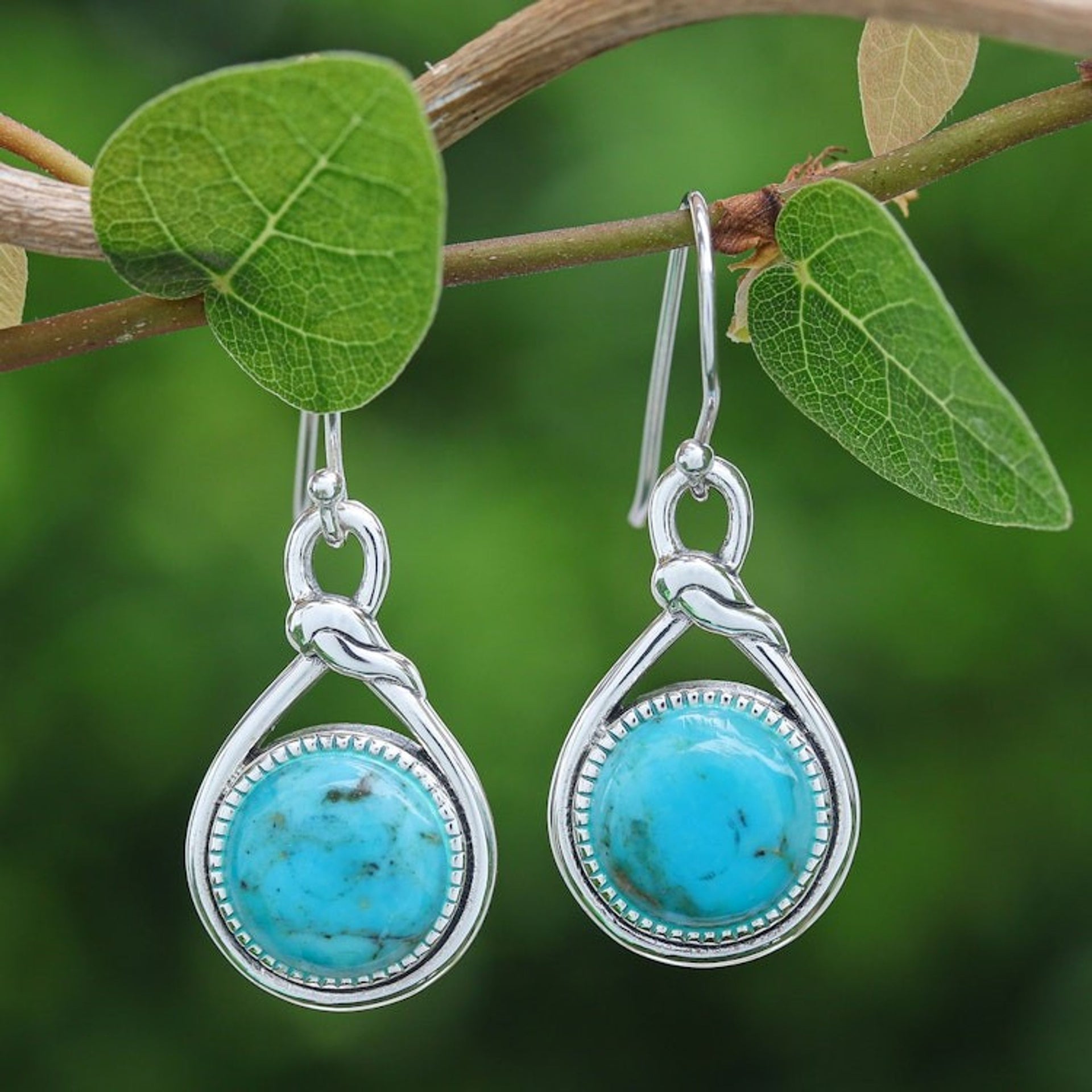 Knot Pattern Recon Turquoise Dangle Earrings from Thailand 'Lagoon Knot'