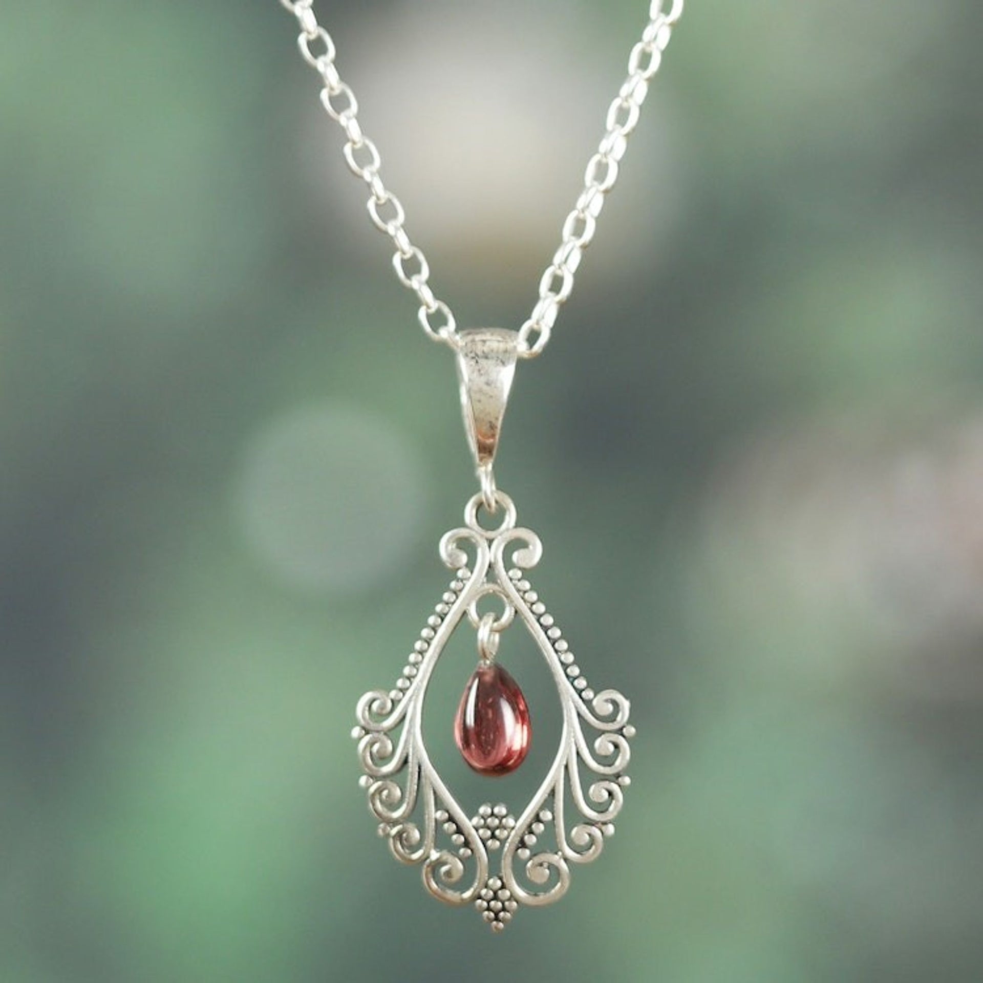 Classic Combination Finish Natural Garnet Pendant Necklace 'Red Incantation'